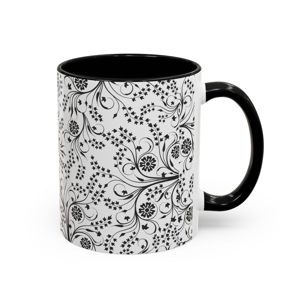 Black Floral Accent Coffee Mug — Elegant Swirl Pattern (11/15oz)