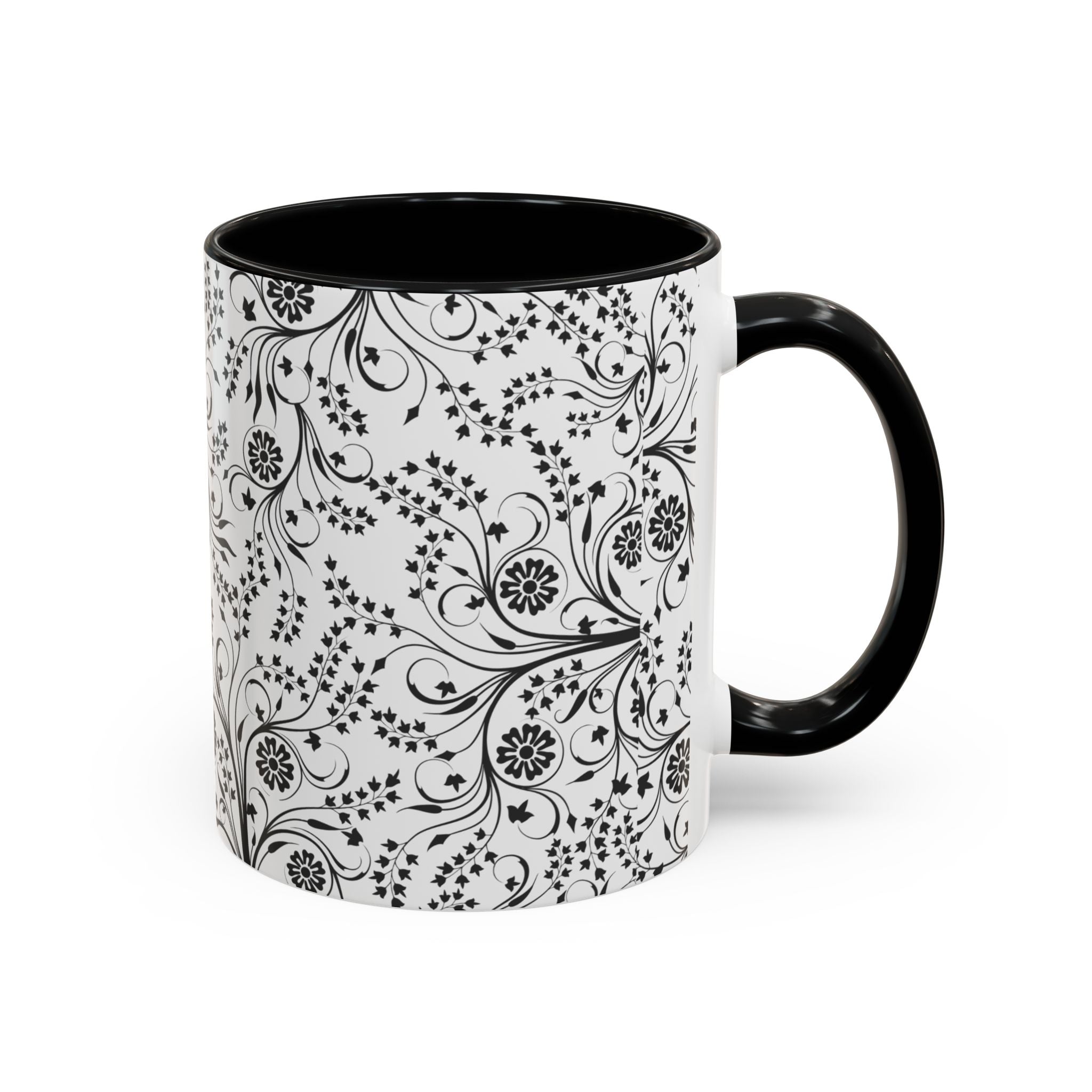 Black Floral Accent Coffee Mug — Elegant Swirl Pattern (11/15oz)