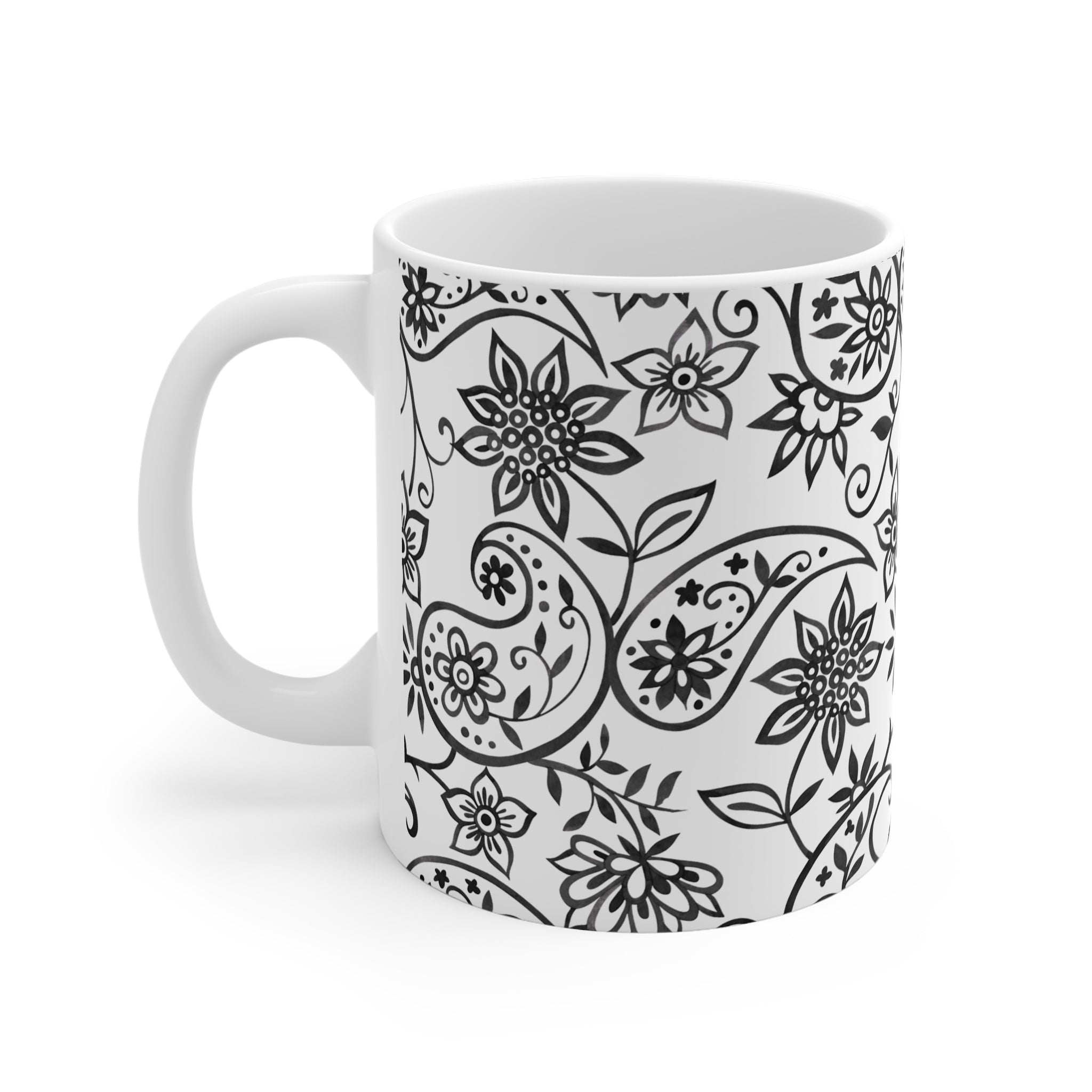 Black Paisley Floral 11oz Mug – Elegant Monochrome Tea & Coffee Cup
