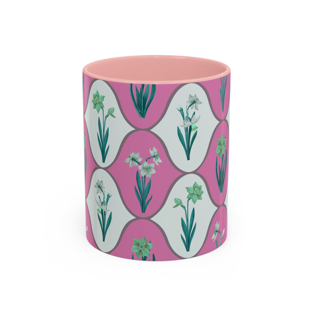 Floral Wave Accent Coffee Mug – Pink Retro Daffodil Pattern (11/15oz)