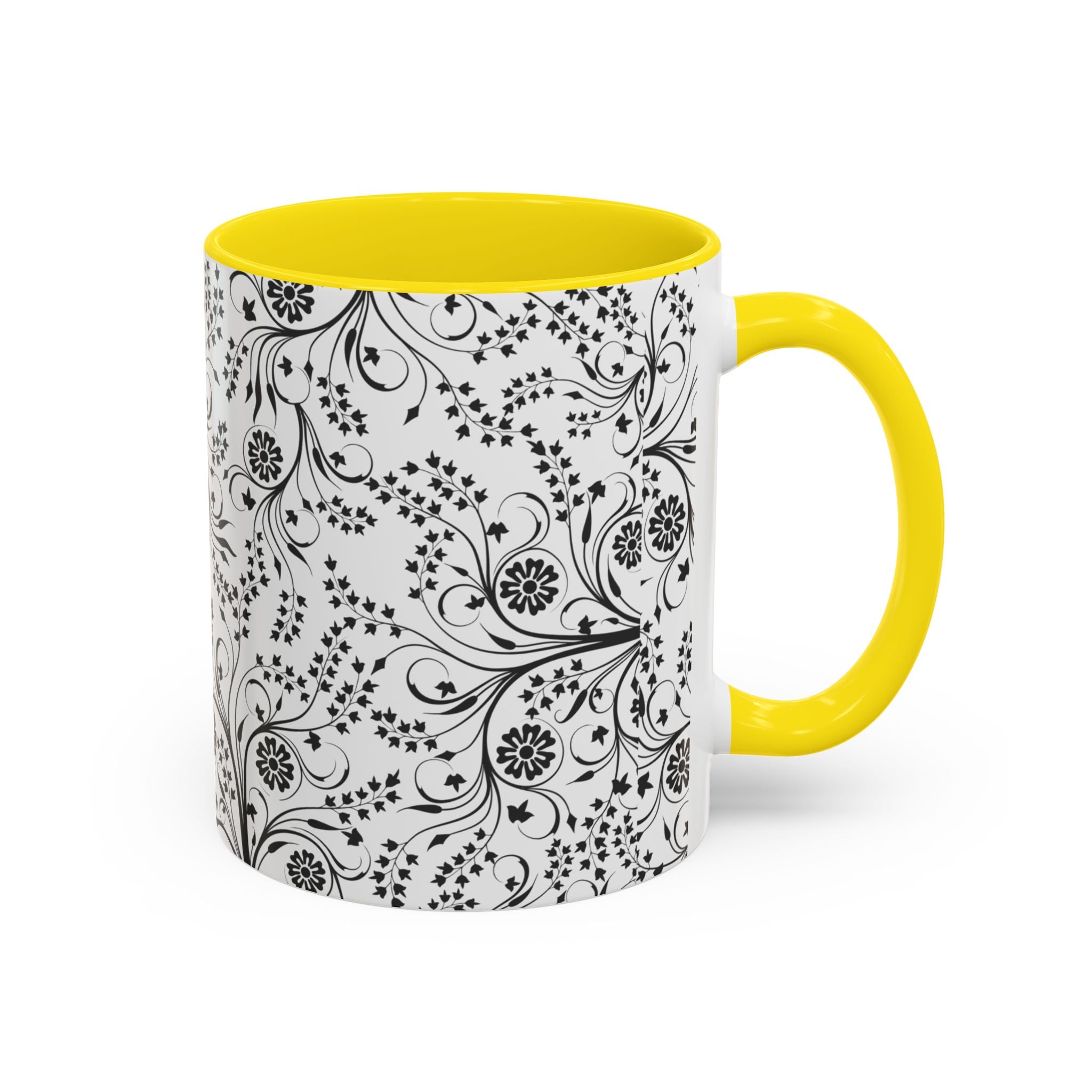 Black Floral Accent Coffee Mug — Elegant Swirl Pattern (11/15oz)