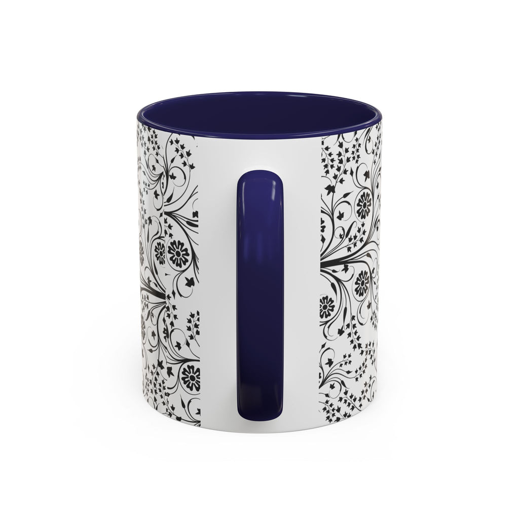Black Floral Accent Coffee Mug — Elegant Swirl Pattern (11/15oz)