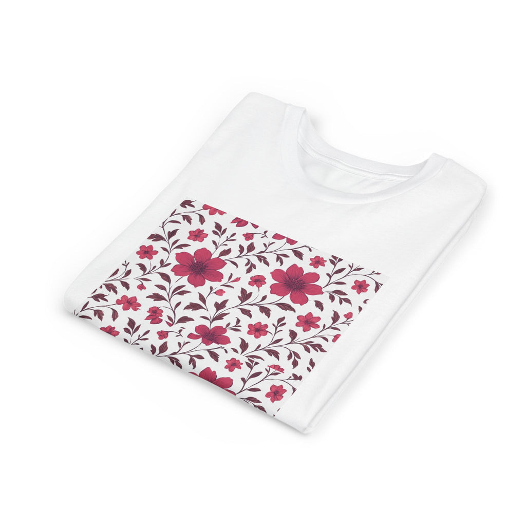 Girls Floral Pattern Youth Tee — Pink Red Blossom Short Sleeve Shirt