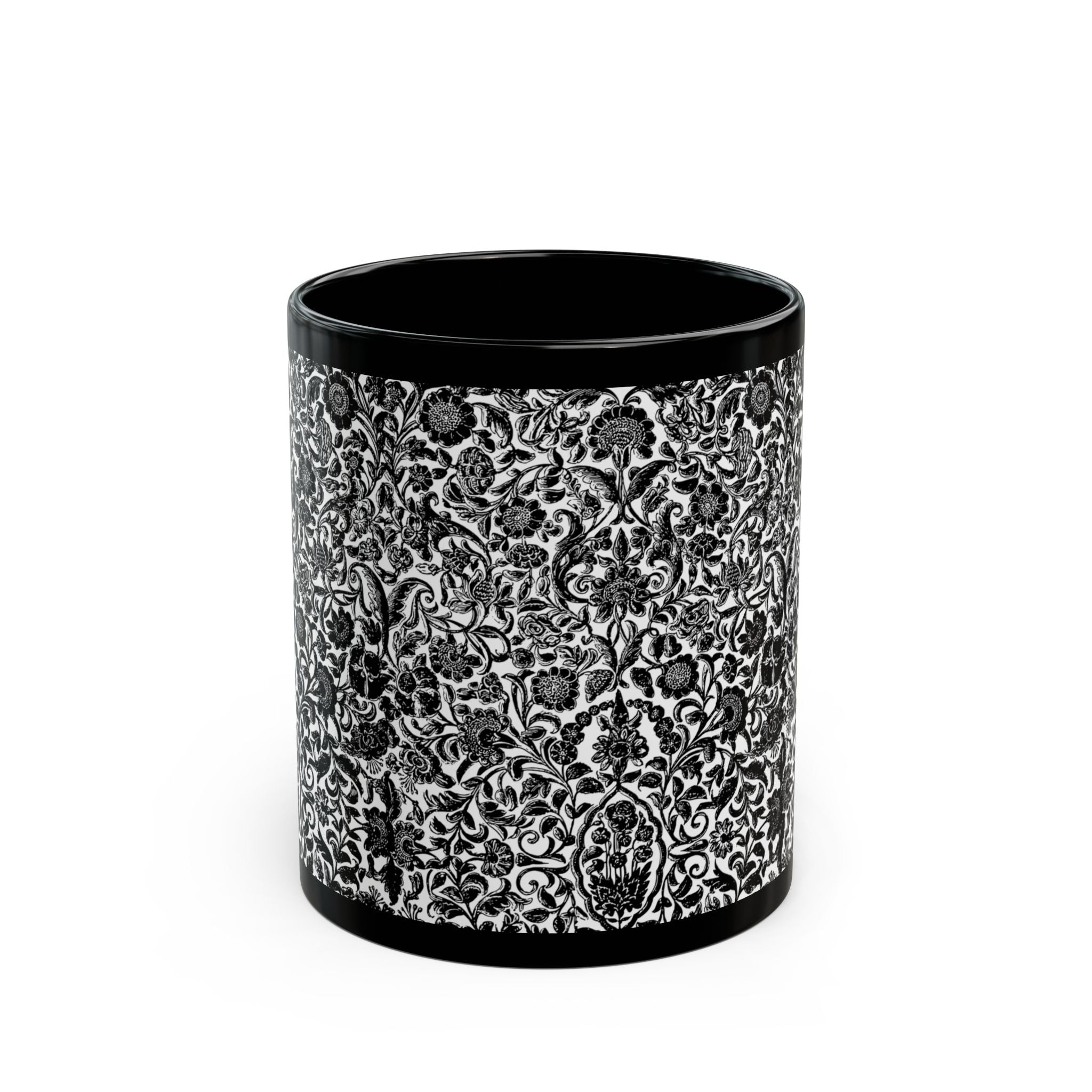 Black Ceramic Mug — Intricate Vintage Floral Pattern (11oz & 15oz)