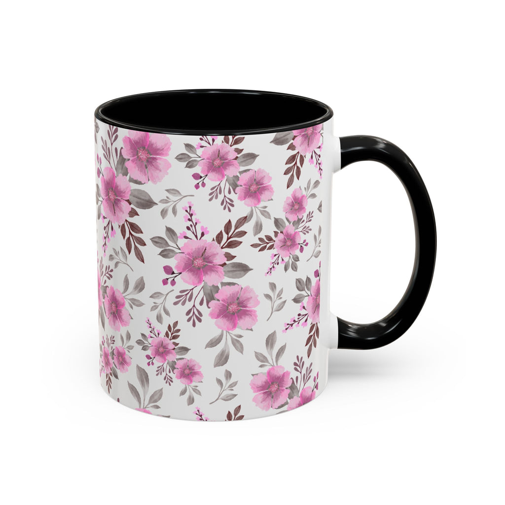 Pink Floral Accent Coffee Mug — Ceramic Rose Pattern 11/15oz