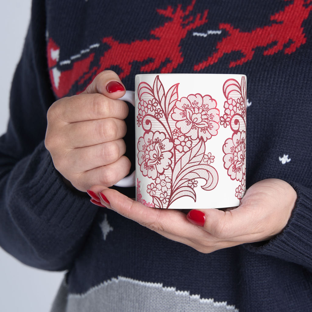 Floral Lace Red Ceramic Mug — Vintage Rose Pattern Coffee Cup (11oz & 15oz)