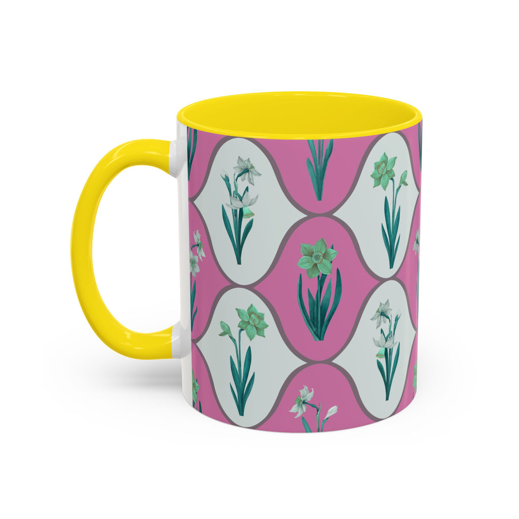 Floral Wave Accent Coffee Mug – Pink Retro Daffodil Pattern (11/15oz)