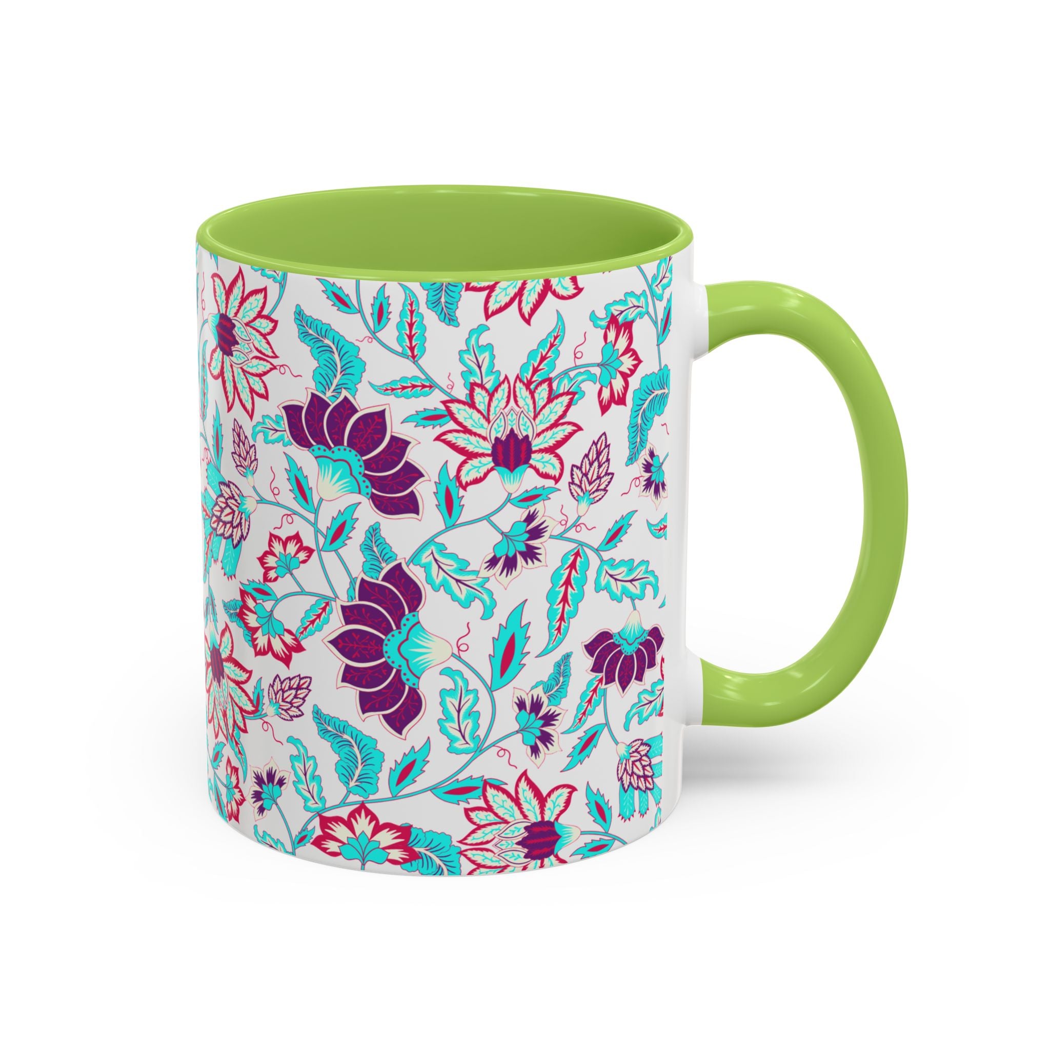 Floral Accent Coffee Mug – Teal & Magenta Patterned Ceramic Mug (11/15oz)