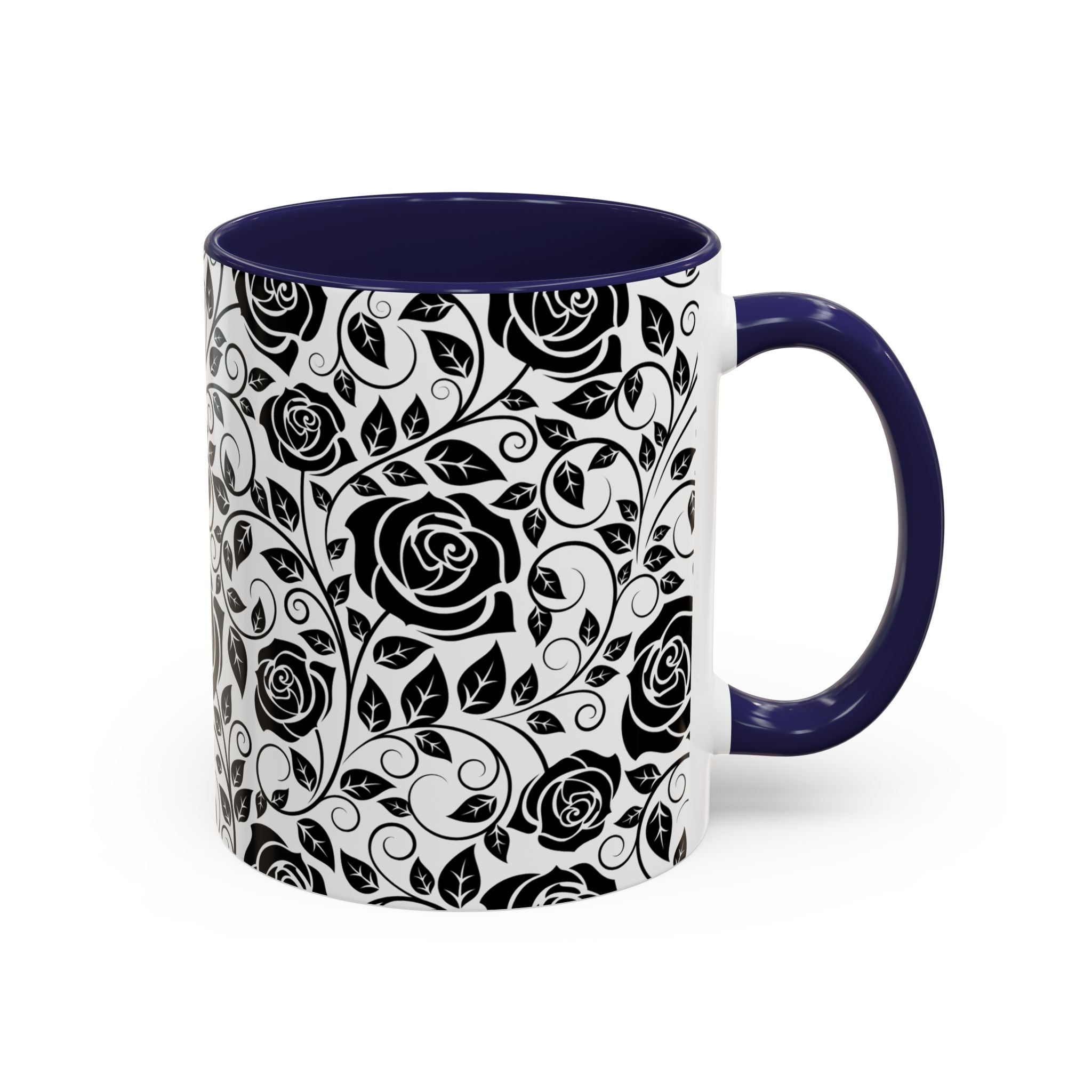 Black Rose Pattern Accent Coffee Mug — 11/15oz Ceramic Gift