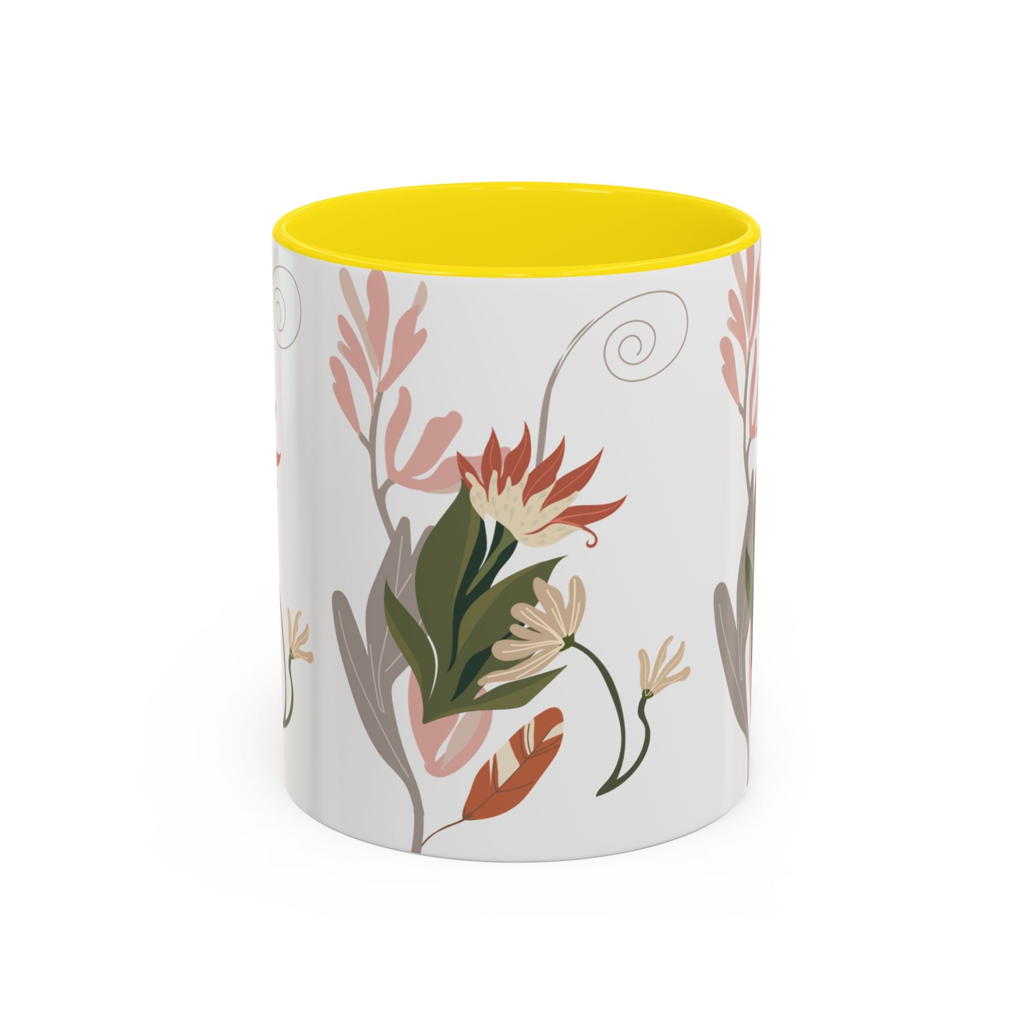 Floral Accent Coffee Mug – Botanical Pink & Green Pattern (11/15oz)