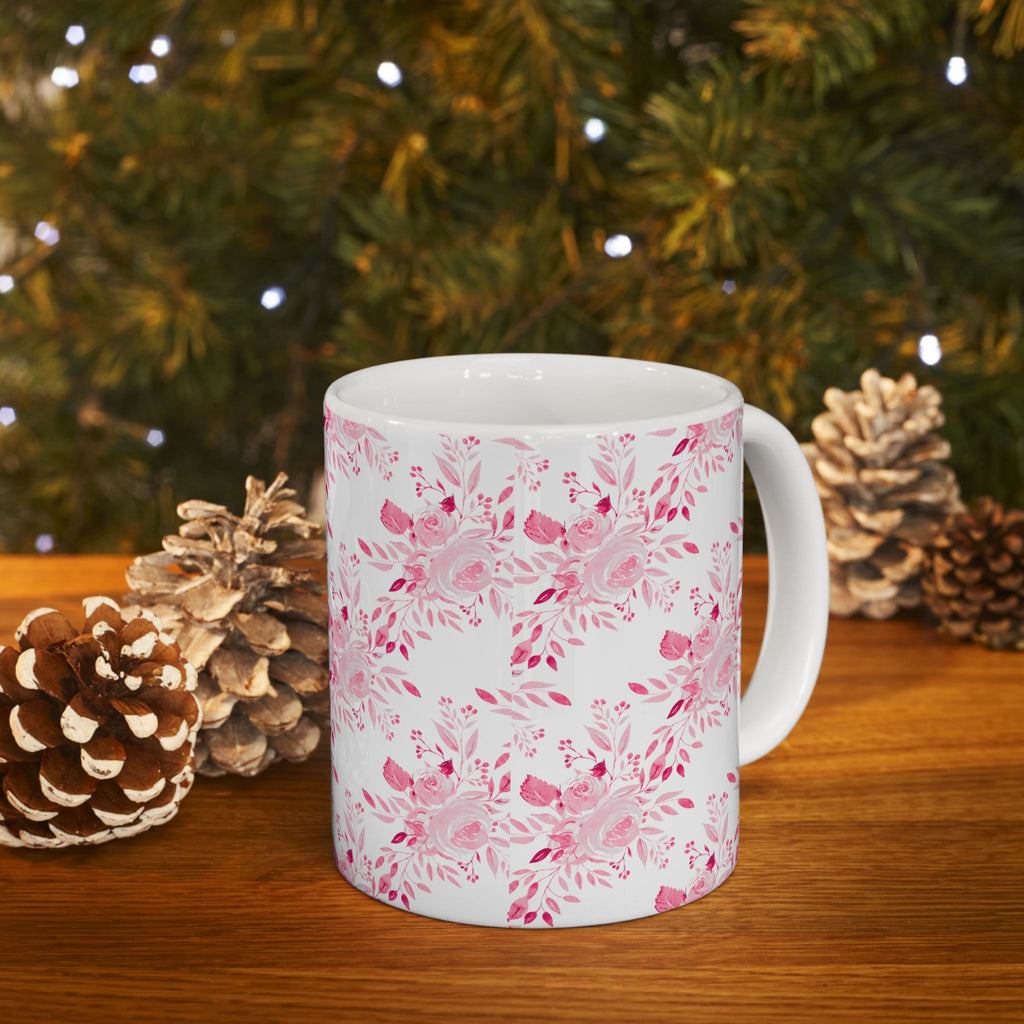 Pink Watercolor Floral Mug — Feminine Rose Pattern Ceramic Coffee Cup (11oz, 15oz)