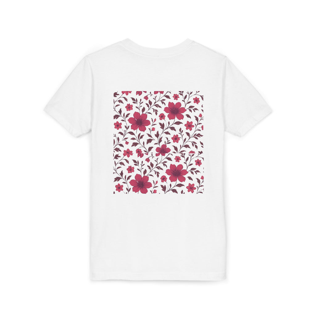 Girls Floral Pattern Youth Tee — Pink Red Blossom Short Sleeve Shirt