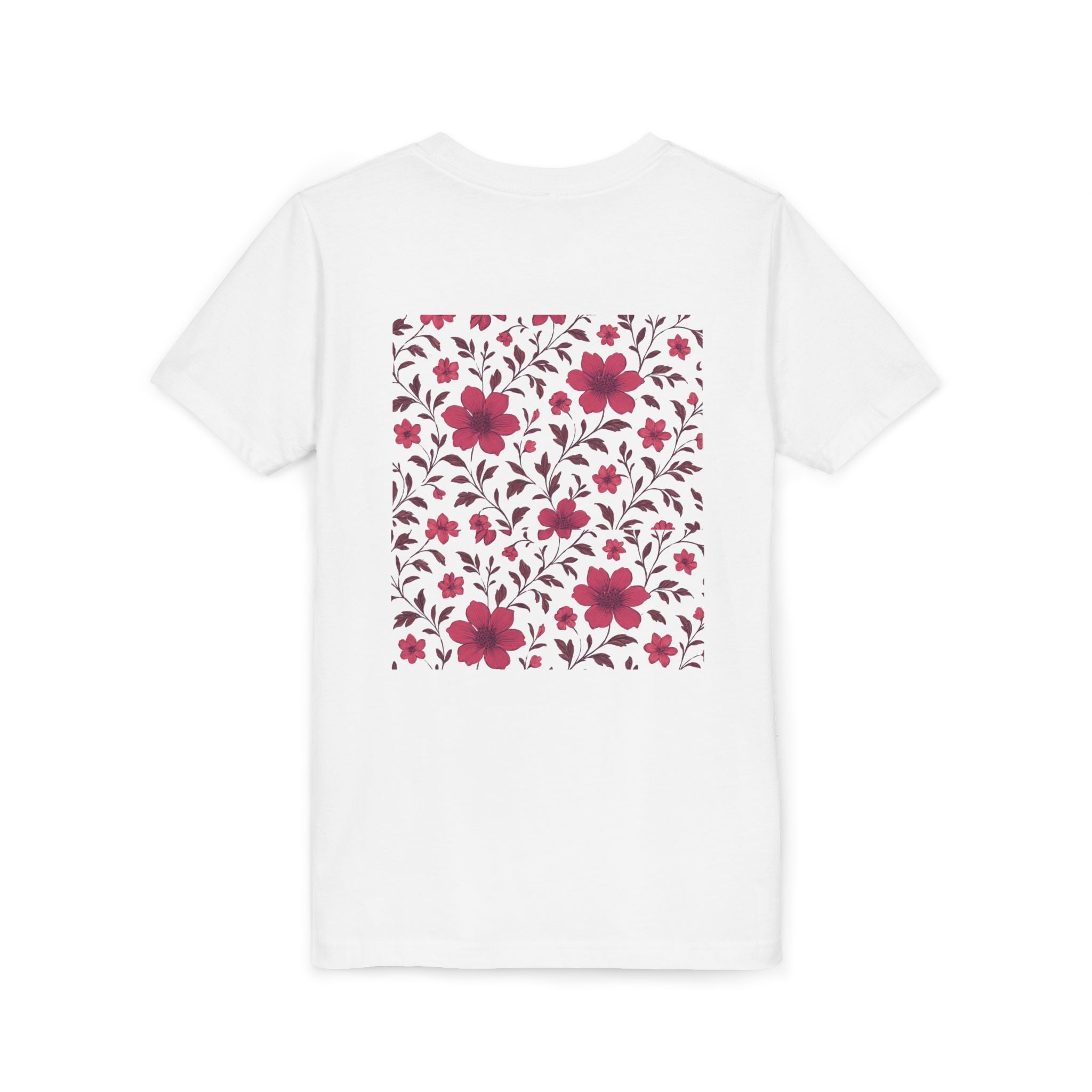 Girls Floral Pattern Youth Tee — Pink Red Blossom Short Sleeve Shirt