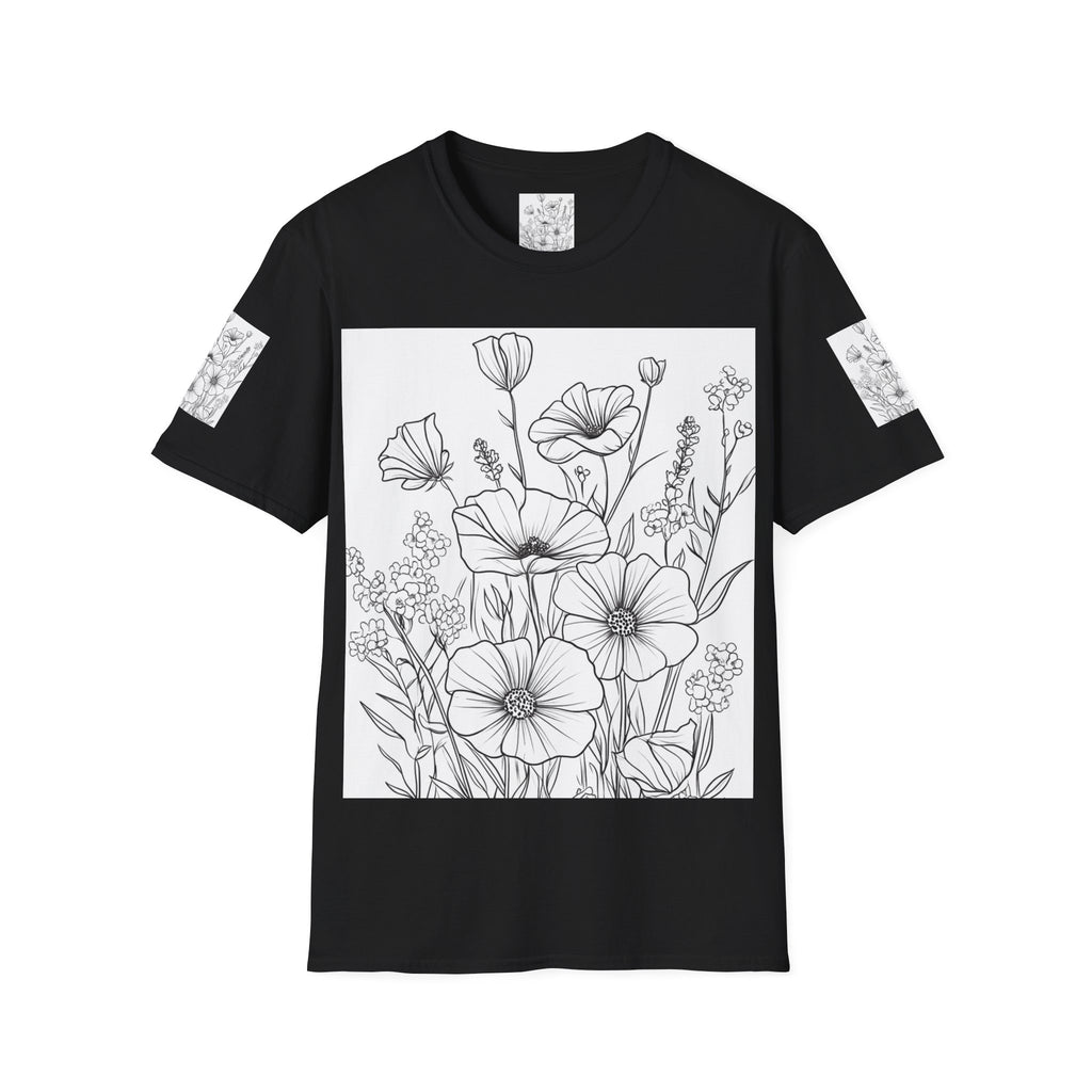Floral Outline Tee — Black Line Poppy & Wildflower Graphic T-Shirt