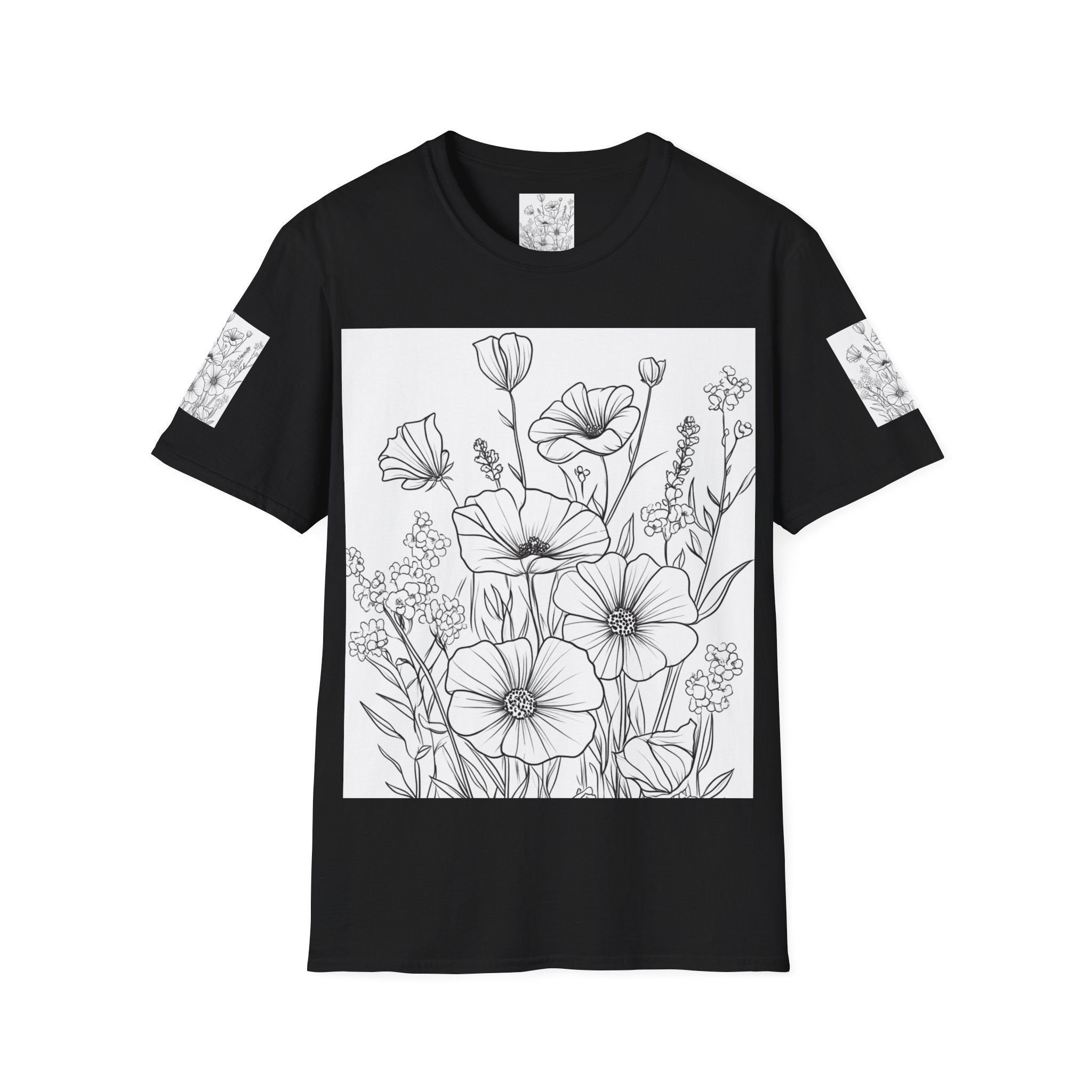 Floral Outline Tee — Black Line Poppy & Wildflower Graphic T-Shirt