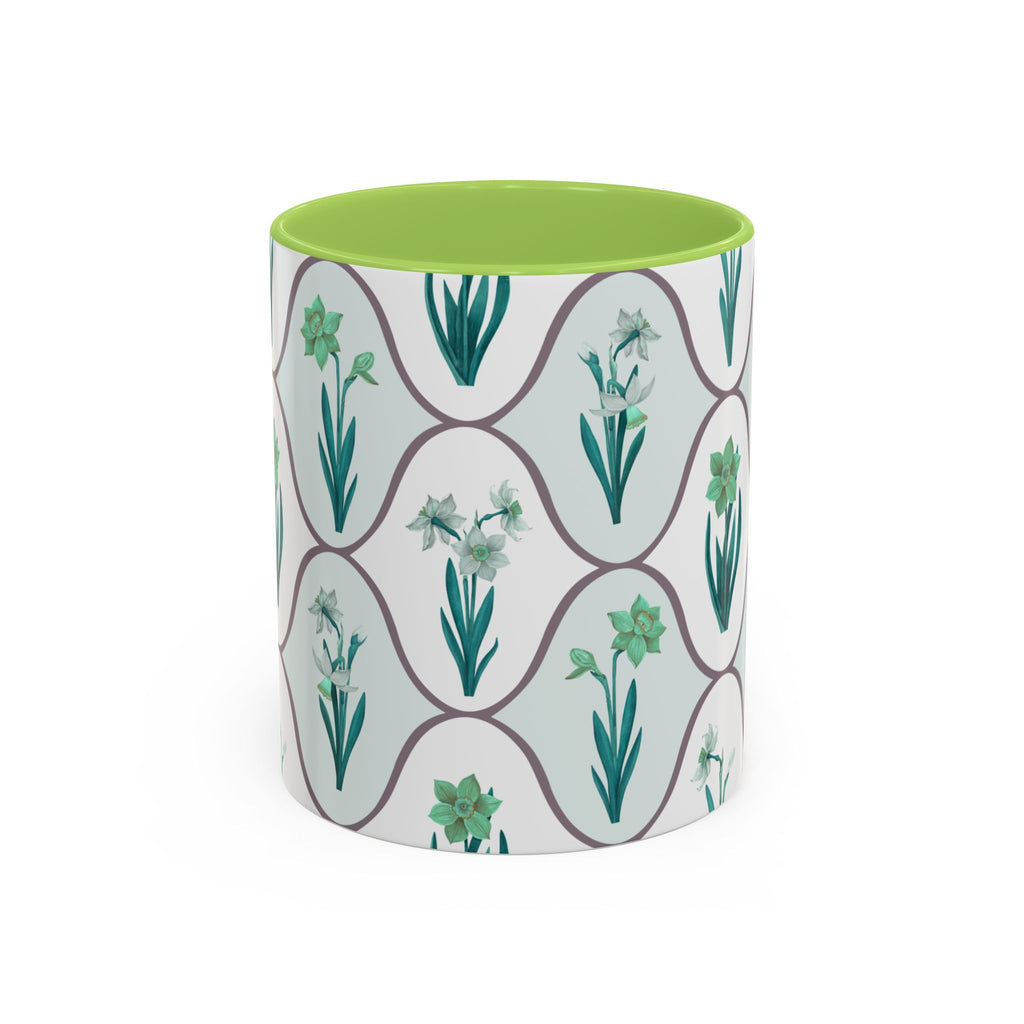 Floral Tile Accent Coffee Mug — Green Botanical Pattern (11/15 oz)
