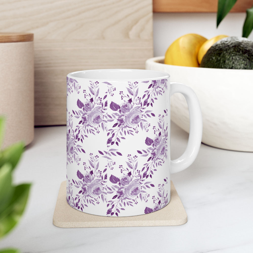 Purple Watercolor Floral Ceramic Mug — Lavender Rose Pattern (11oz & 15oz)