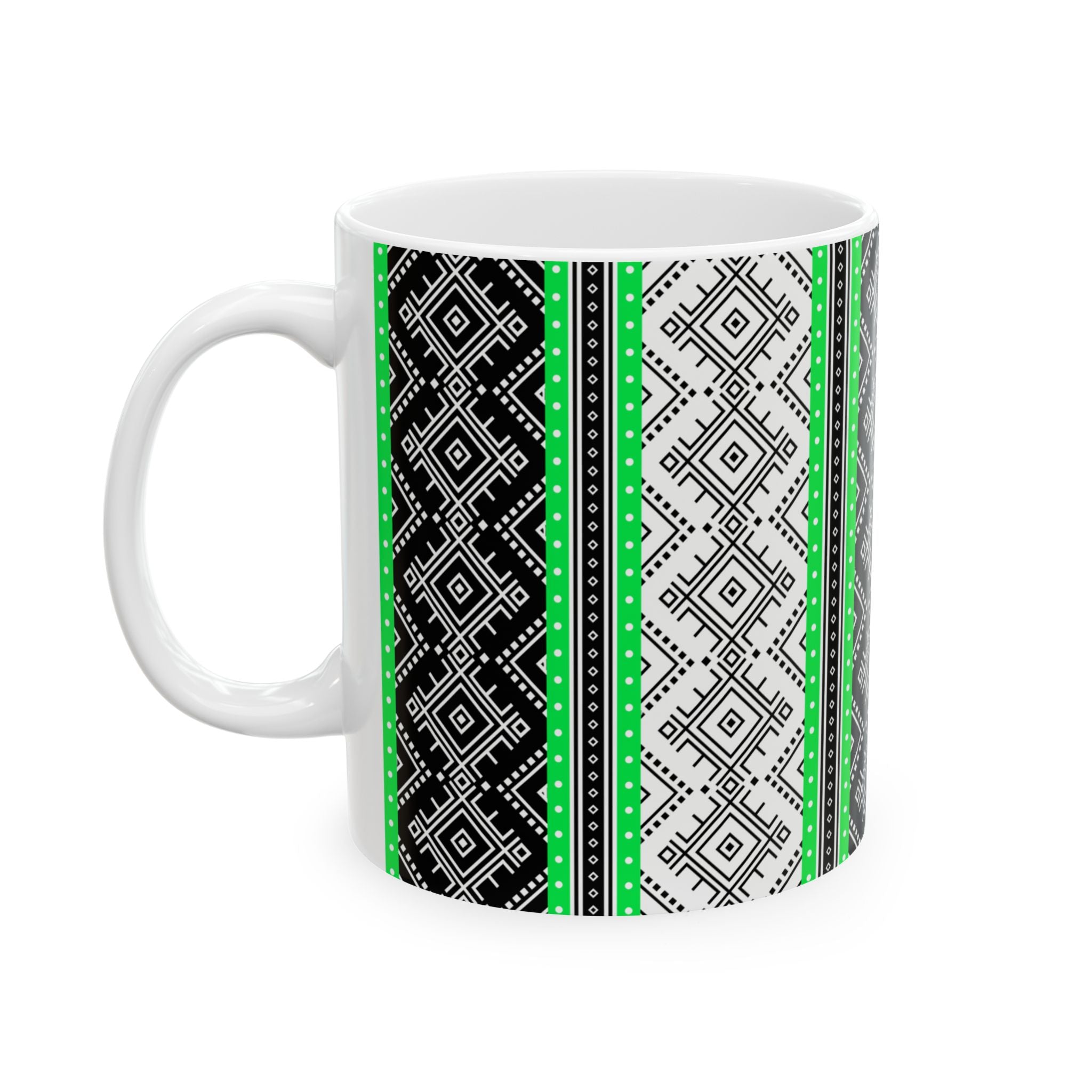 Ethnic Geometric Pattern Ceramic Mug — Black & Neon Green Tribal Stripe (11oz/15oz)