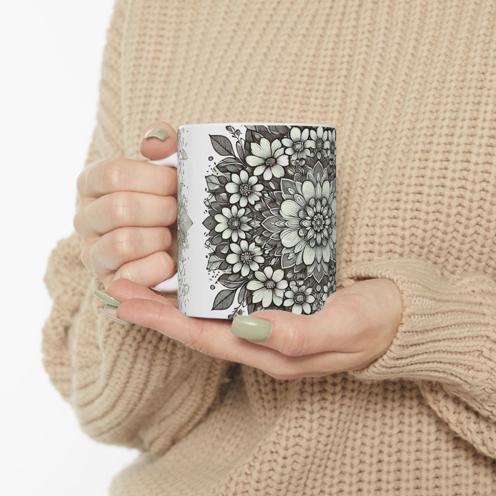 Floral Mandala Ceramic Mug — Green Succulent Pattern (11oz & 15oz)