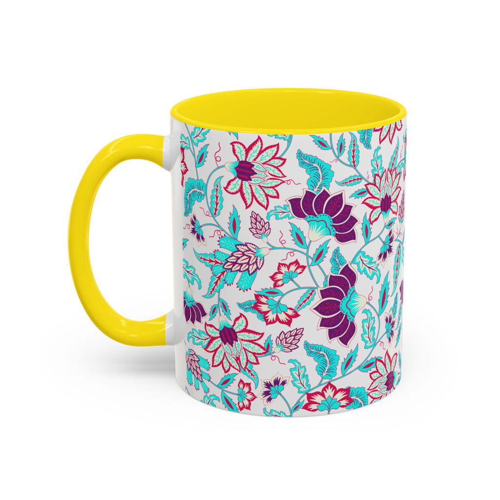Floral Accent Coffee Mug – Teal & Magenta Patterned Ceramic Mug (11/15oz)