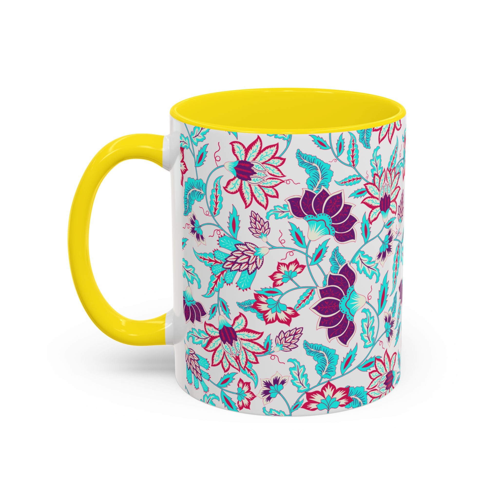 Floral Accent Coffee Mug – Teal & Magenta Patterned Ceramic Mug (11/15oz)