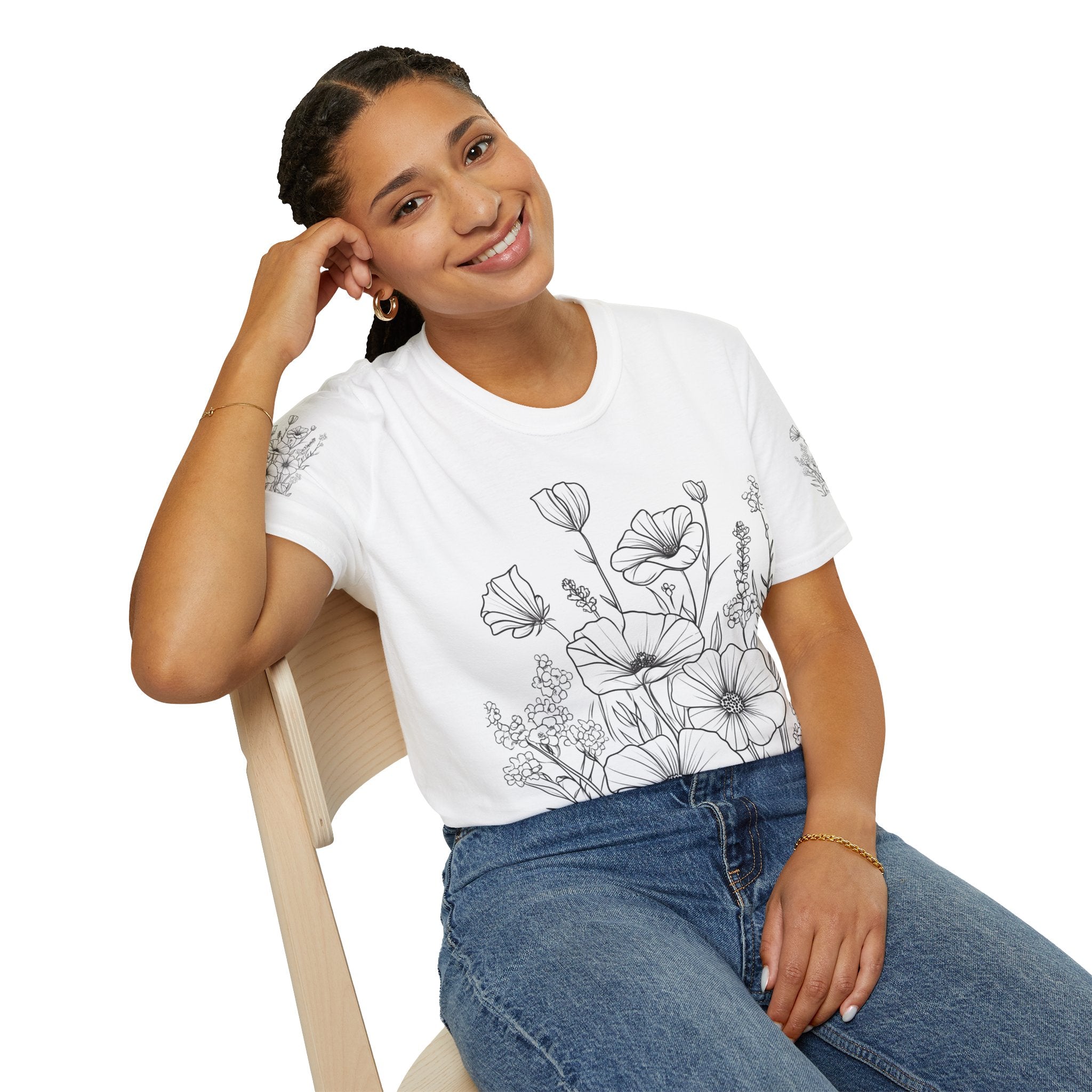Floral Line Art T-Shirt — Botanical Poppy Sketch Tee