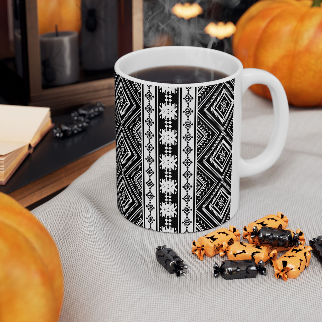 Black & White Aztec Pattern Ceramic Mug — Geometric Tribal Design (11oz/15oz)