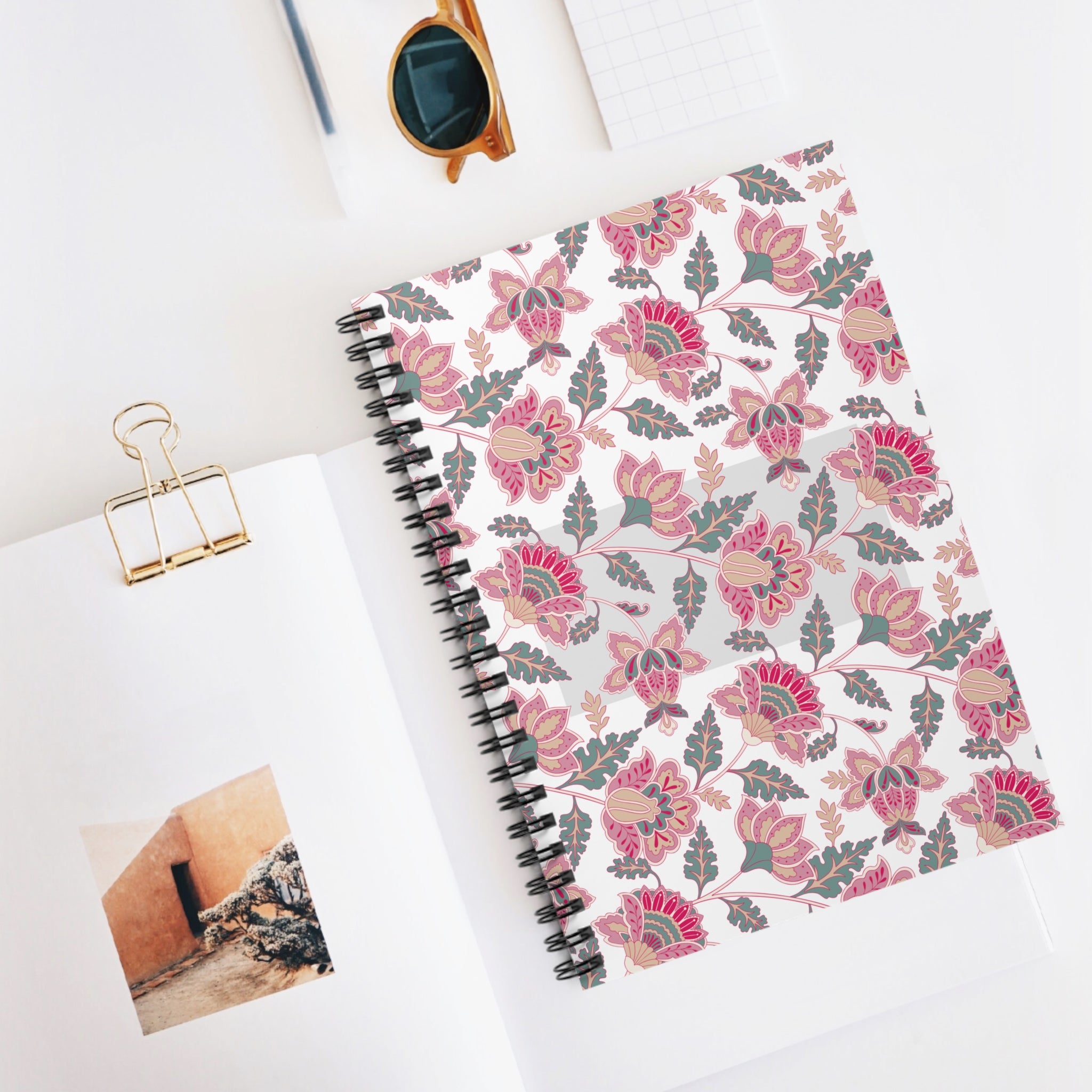 Floral Spiral Notebook — Pink Boho Flower Ruled Journal