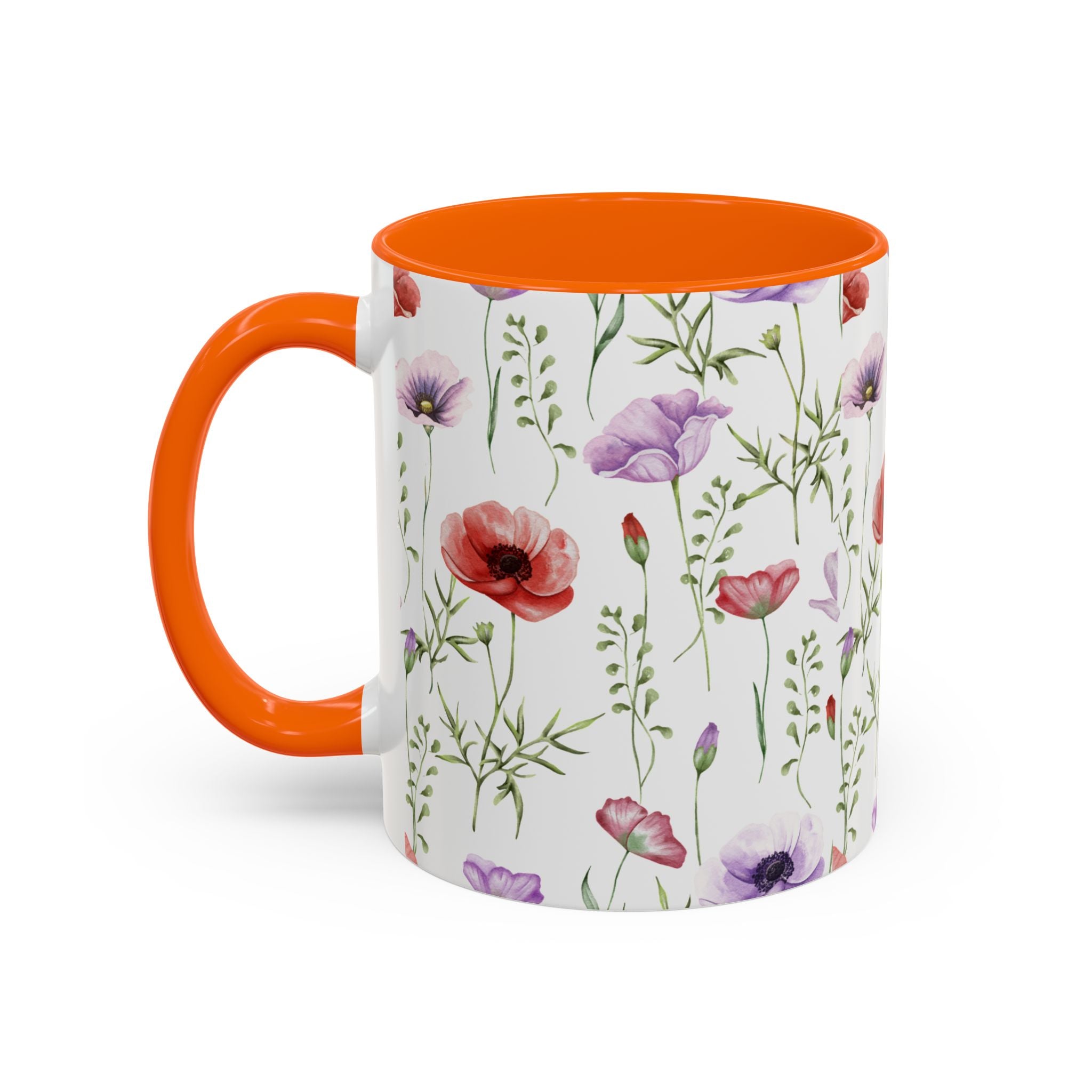 Floral Watercolor Accent Coffee Mug — Poppy & Wildflower Pattern (11/15oz)