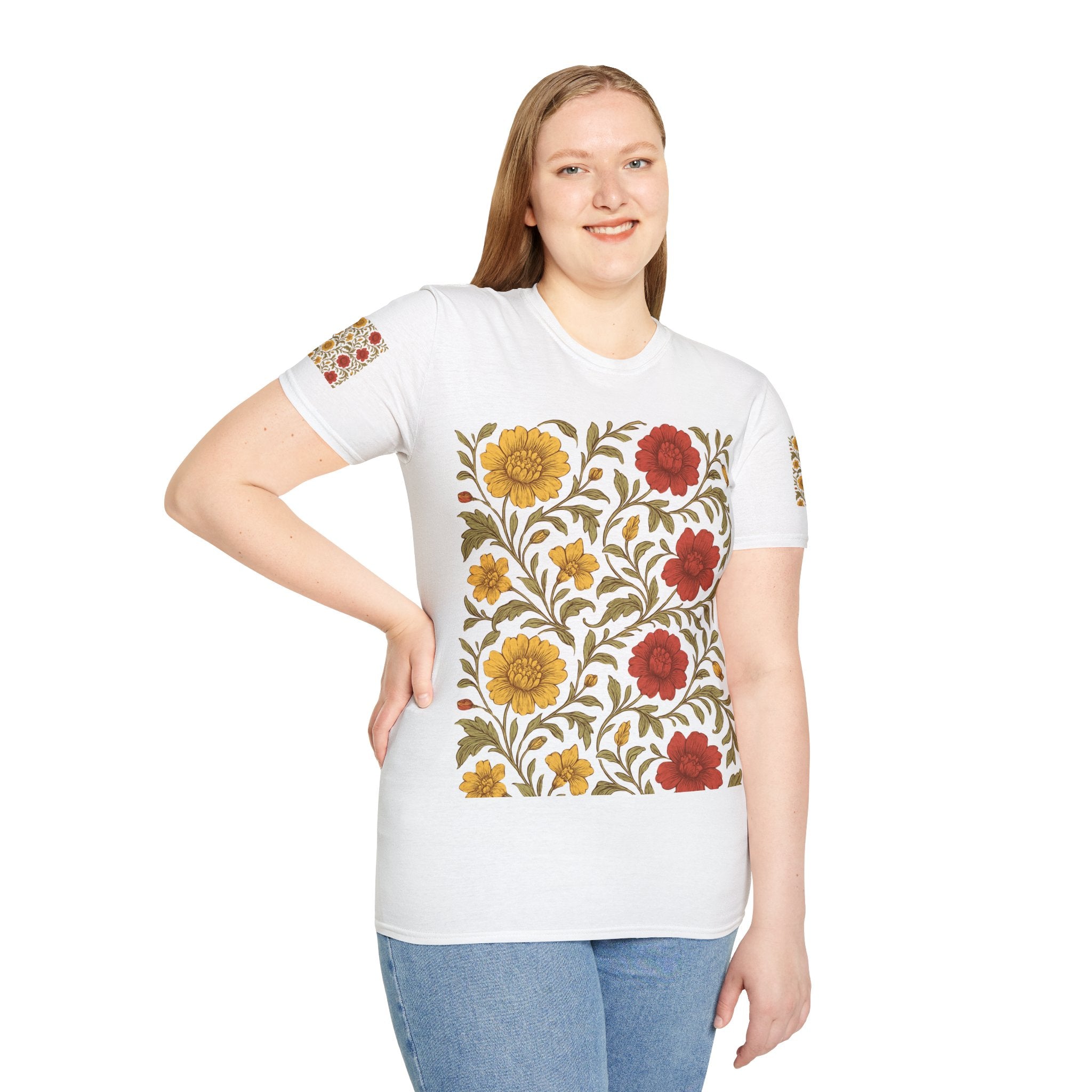 Floral Vintage Garden T-Shirt — Red & Mustard Blooms