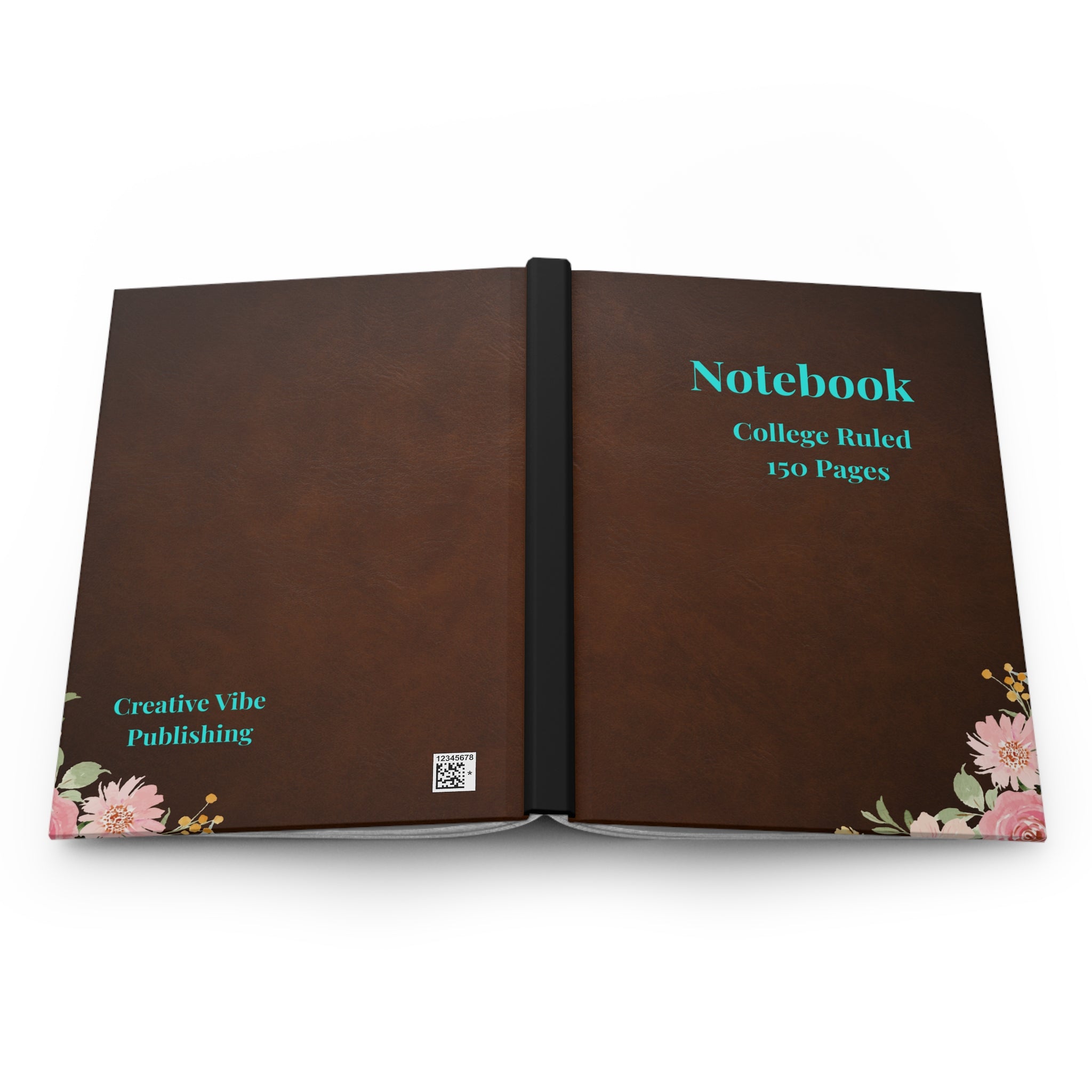 Hardcover Notebook — Brown Floral Leather-Look, College Ruled 150 Pages