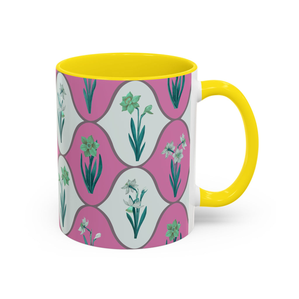 Floral Wave Accent Coffee Mug – Pink Retro Daffodil Pattern (11/15oz)