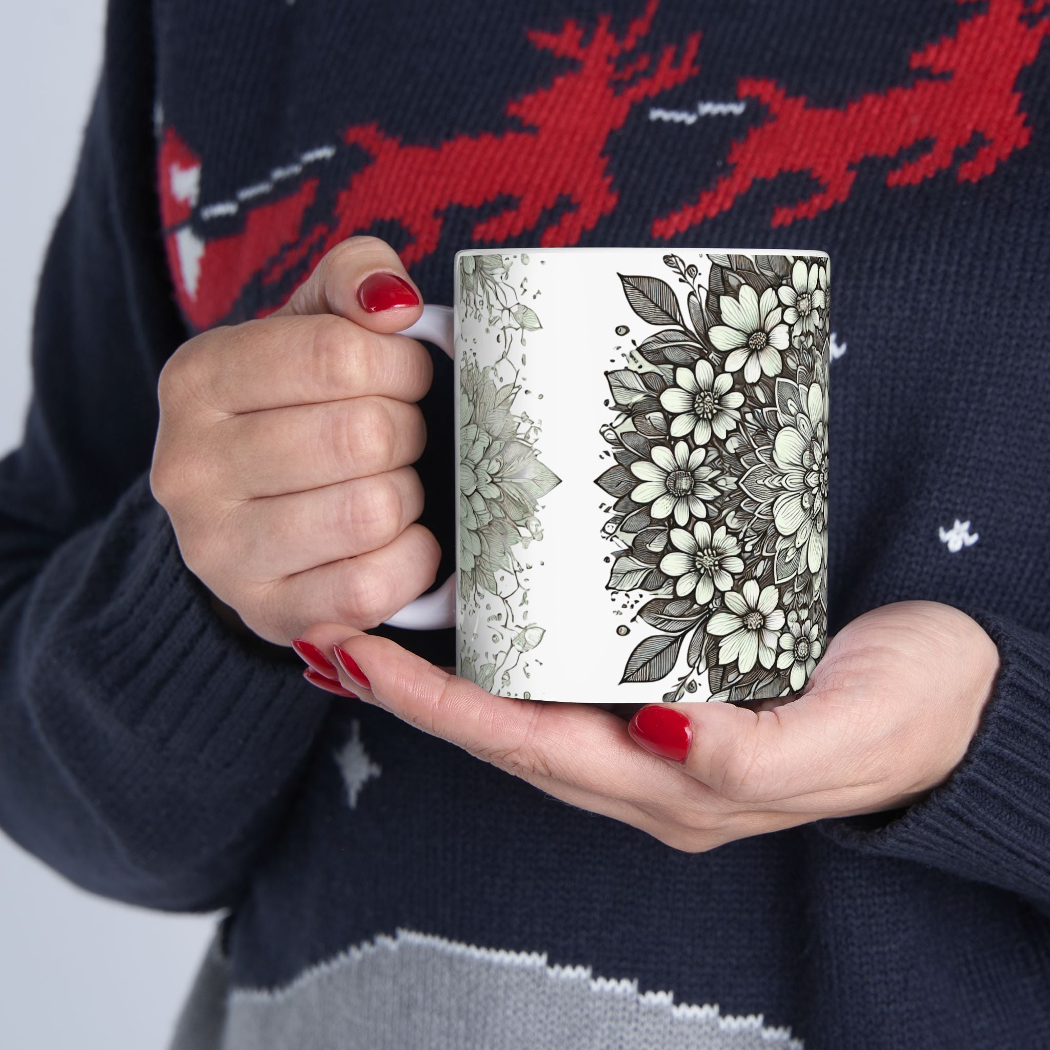 Floral Mandala Ceramic Mug — Green Succulent Pattern (11oz & 15oz)