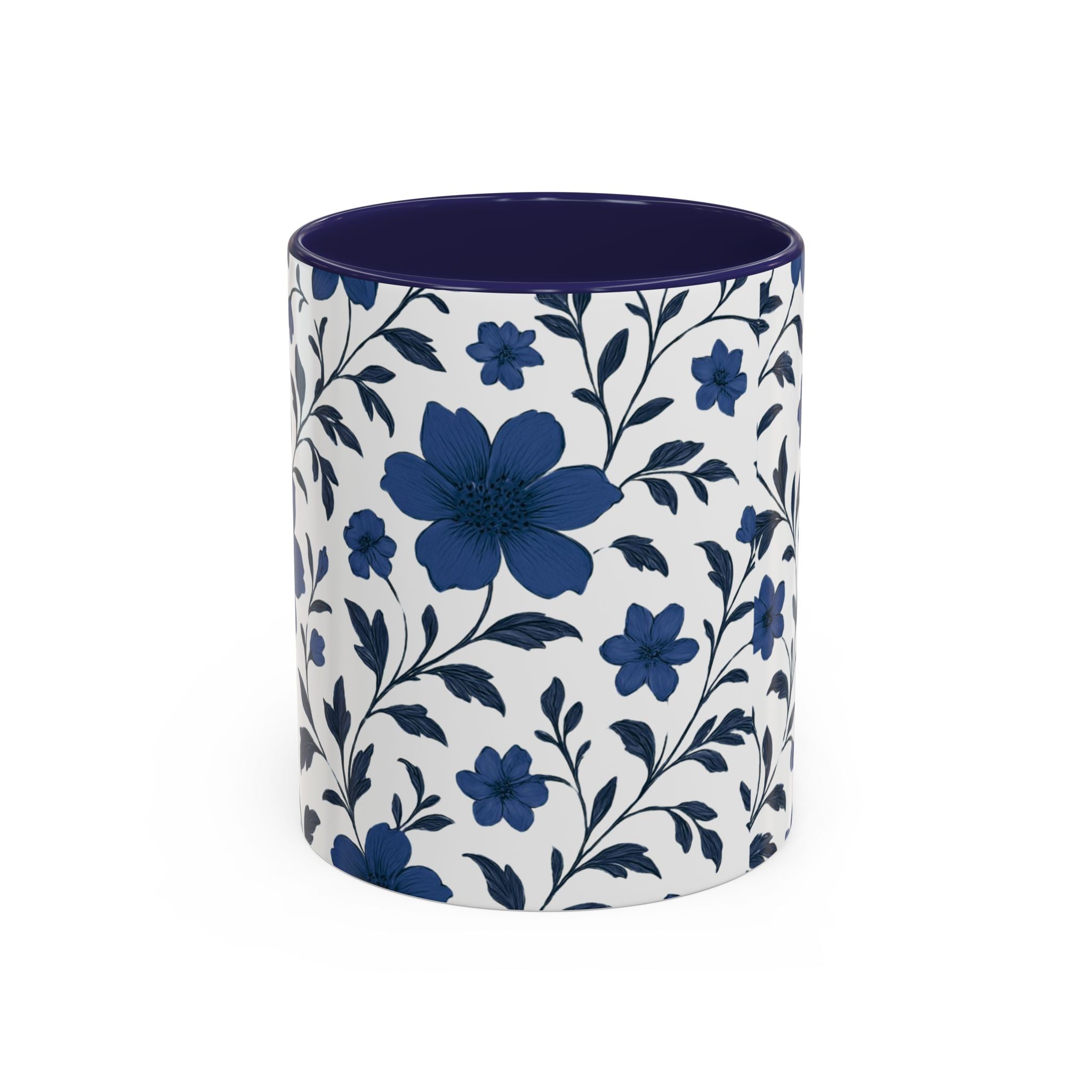 Blue Floral Accent Coffee Mug — Navy Blossom Pattern (11/15 oz)