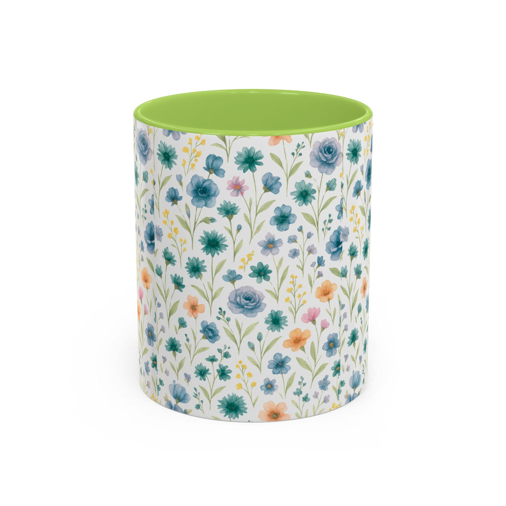 Floral Watercolor Accent Coffee Mug — Blue & Peach Wildflower Pattern (11/15oz)