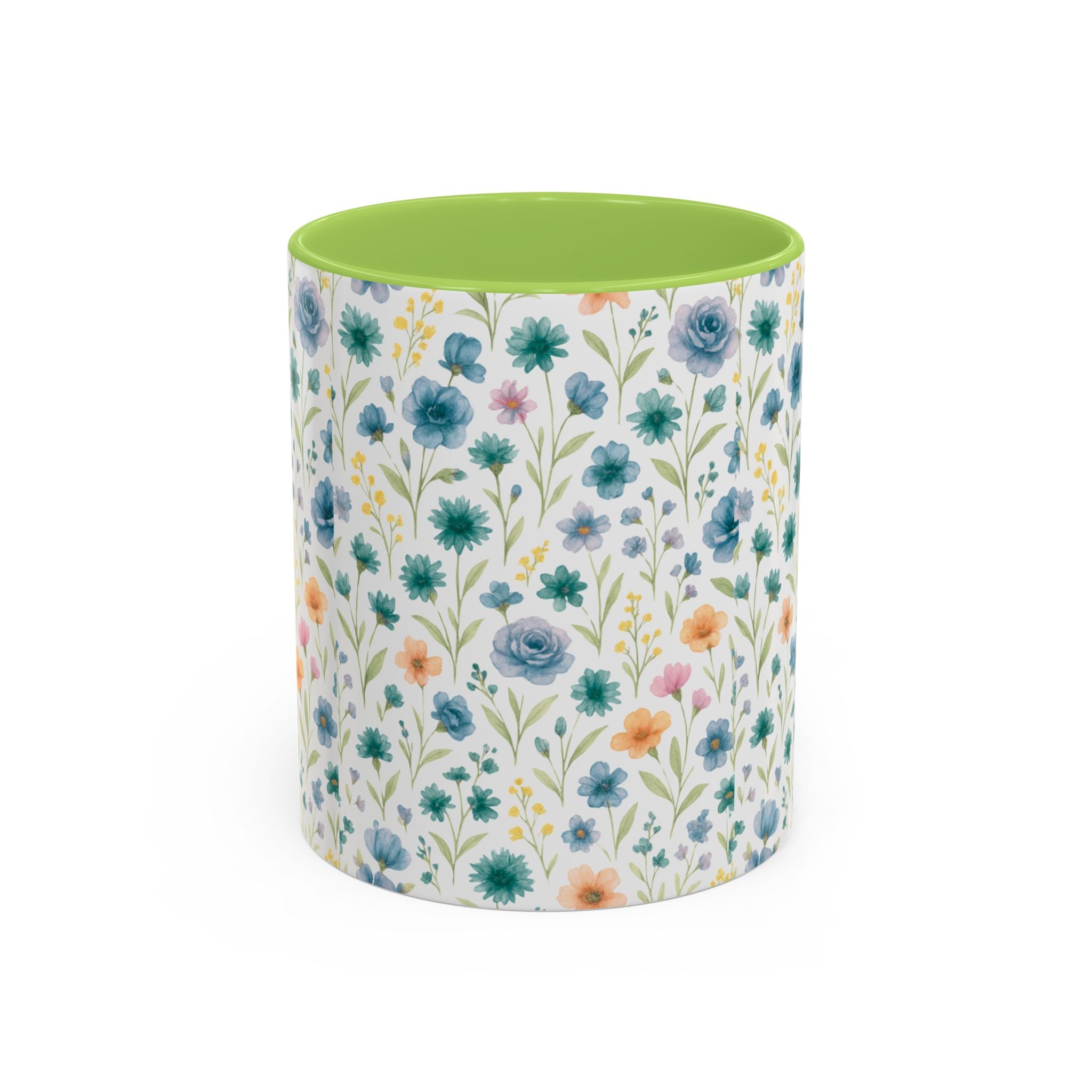 Floral Watercolor Accent Coffee Mug — Blue & Peach Wildflower Pattern (11/15oz)
