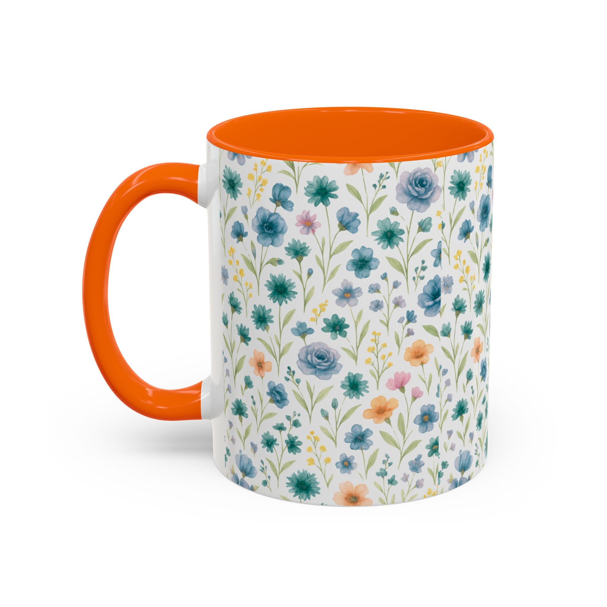 Floral Watercolor Accent Coffee Mug — Blue & Peach Wildflower Pattern (11/15oz)