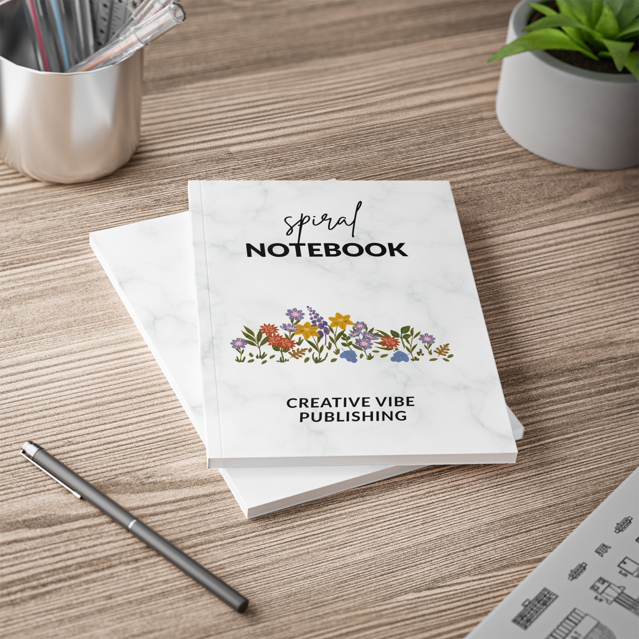 Marble Floral Notebook — "Spiral Notebook" A5 Softcover Journal