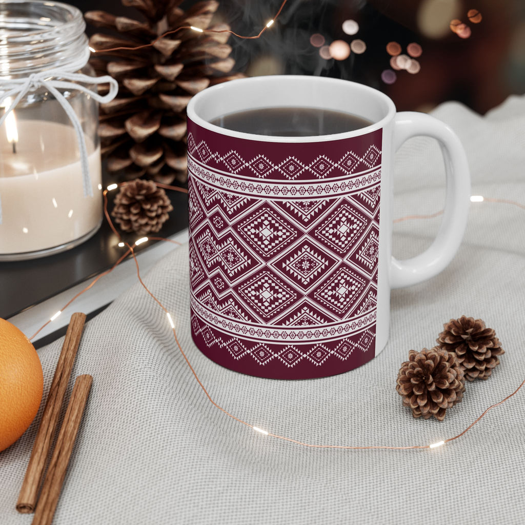 Maroon Nordic Pattern Ceramic Mug — Cozy Scandinavian Knit Design (11oz & 15oz)