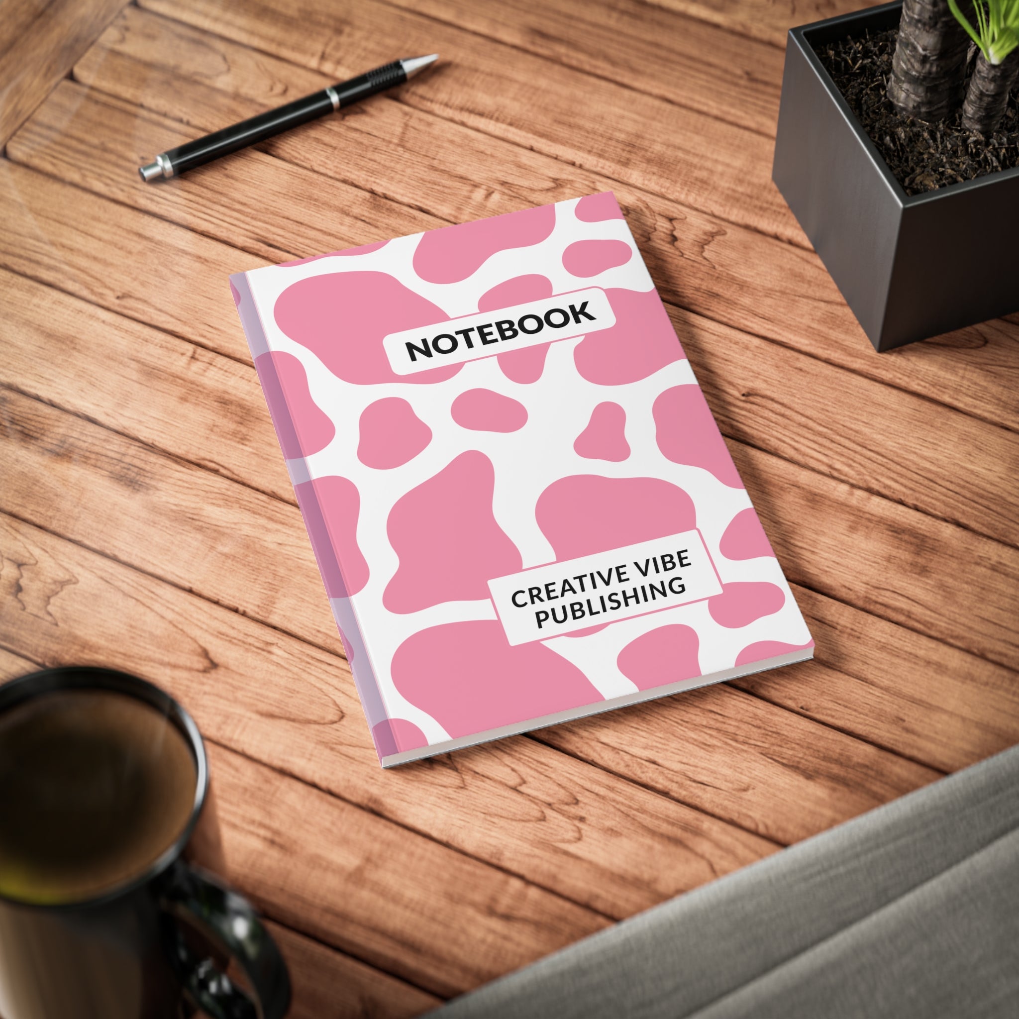 Pink Cow Print Notebook – 'Notebook' Softcover A5 Journal