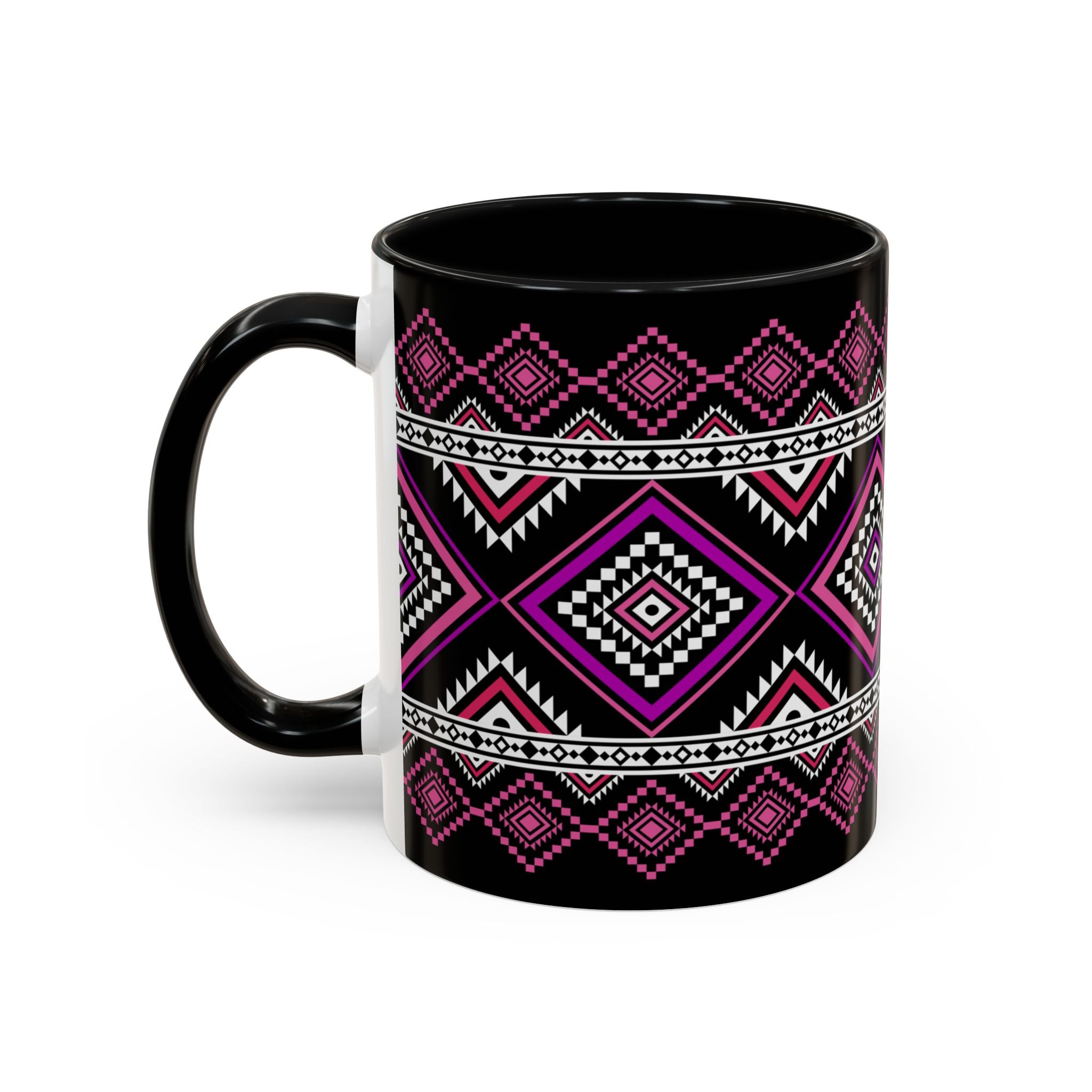 Geometric Aztec Accent Coffee Mug — Pink & Black Tribal Pattern (11/15oz)