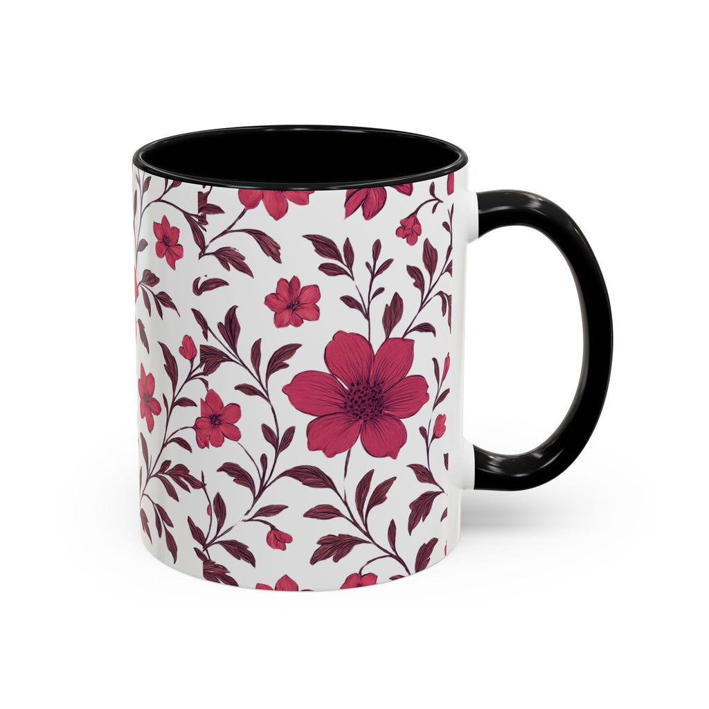 Floral Burgundy Accent Coffee Mug — Pink Blossom Pattern, 11/15oz