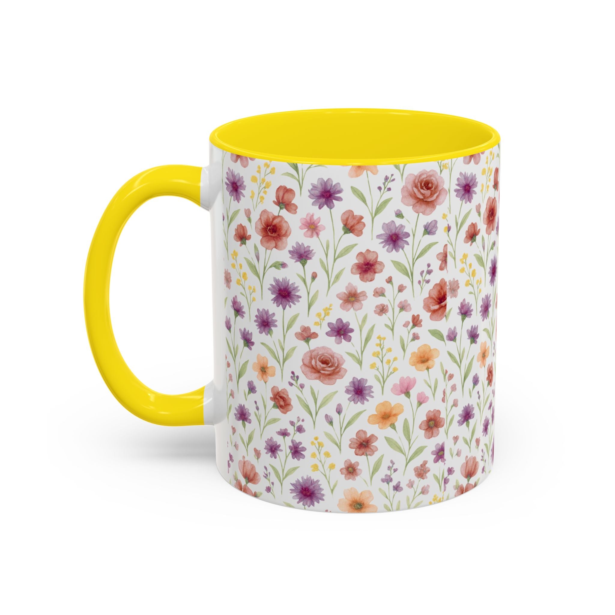 Floral Watercolor Accent Coffee Mug – Pink & Purple Wildflower Pattern (11/15oz)