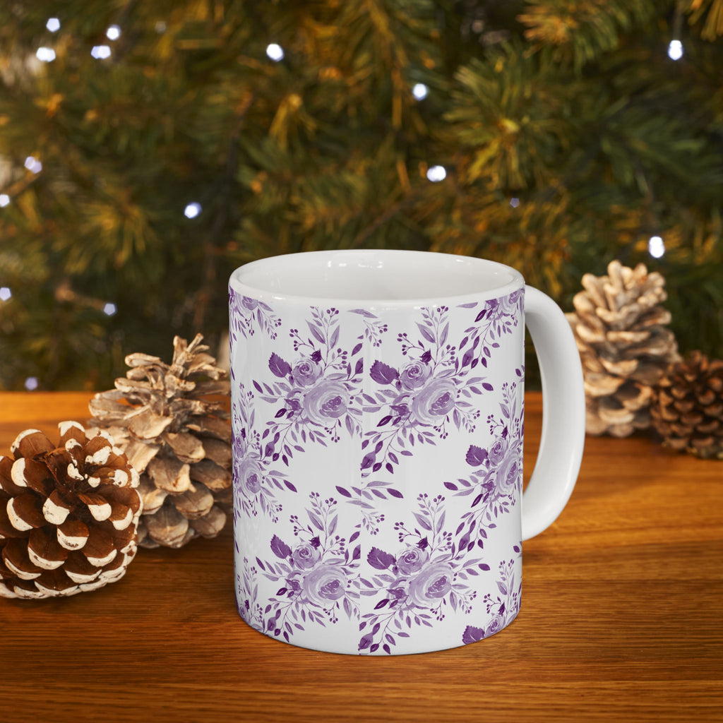 Purple Watercolor Floral Ceramic Mug — Lavender Rose Pattern (11oz & 15oz)