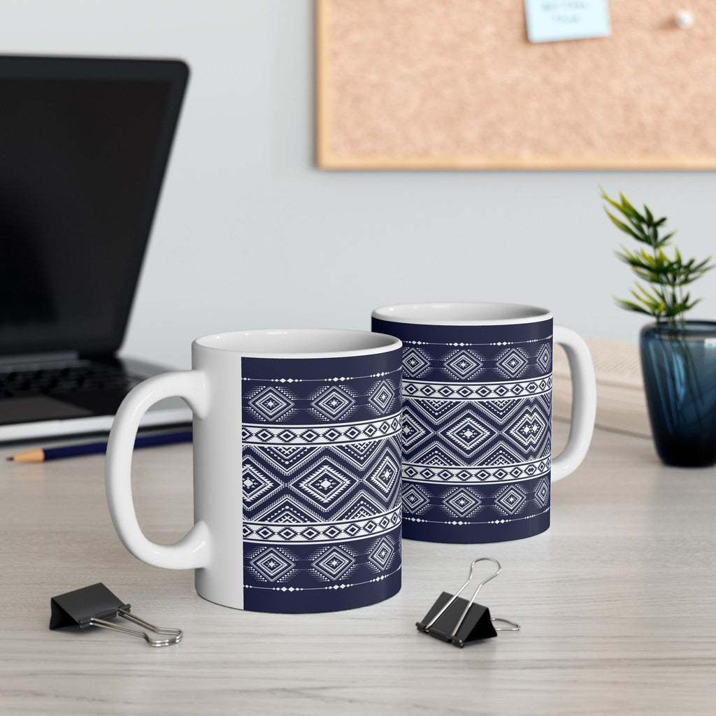 Navy Aztec Pattern Ceramic Mug — Geometric Tribal 11oz & 15oz