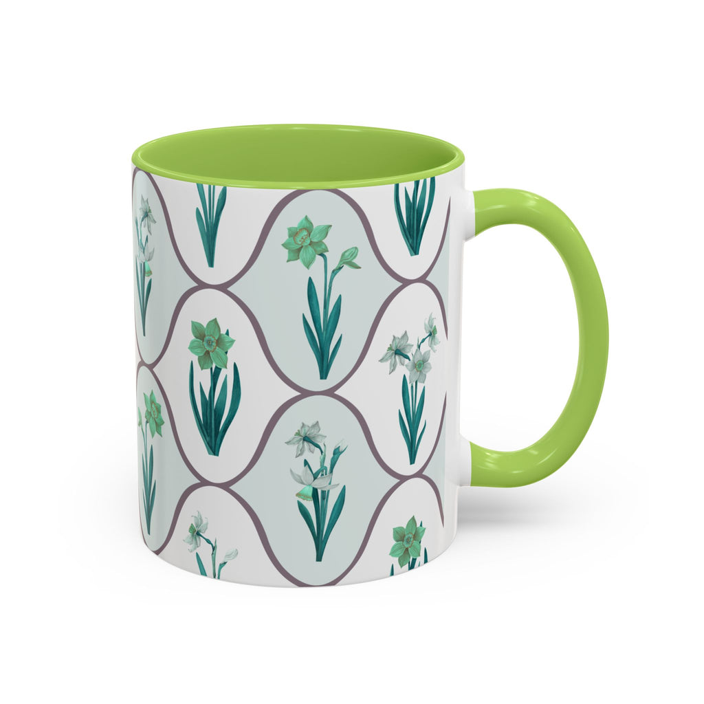 Floral Tile Accent Coffee Mug — Green Botanical Pattern (11/15 oz)