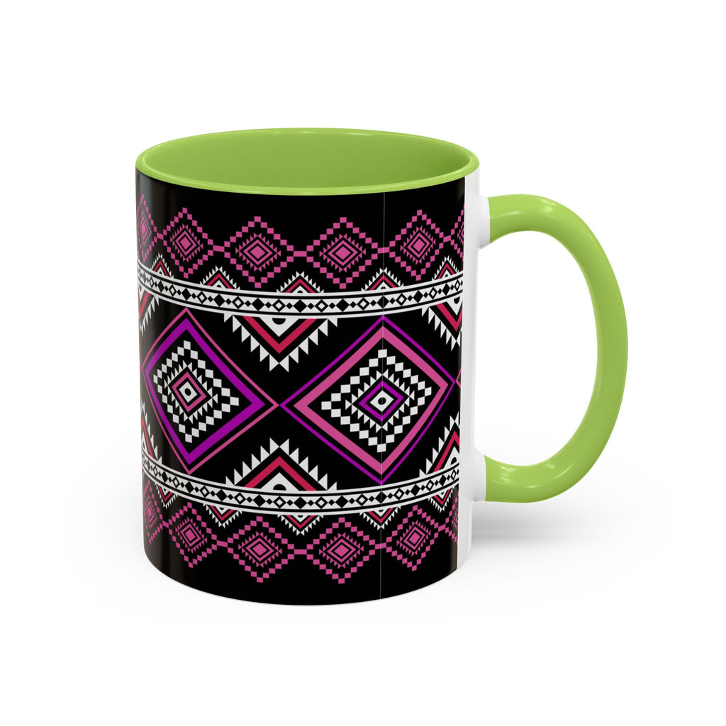 Geometric Aztec Accent Coffee Mug — Pink & Black Tribal Pattern (11/15oz)