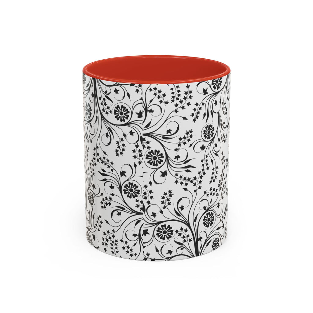 Black Floral Accent Coffee Mug — Elegant Swirl Pattern (11/15oz)