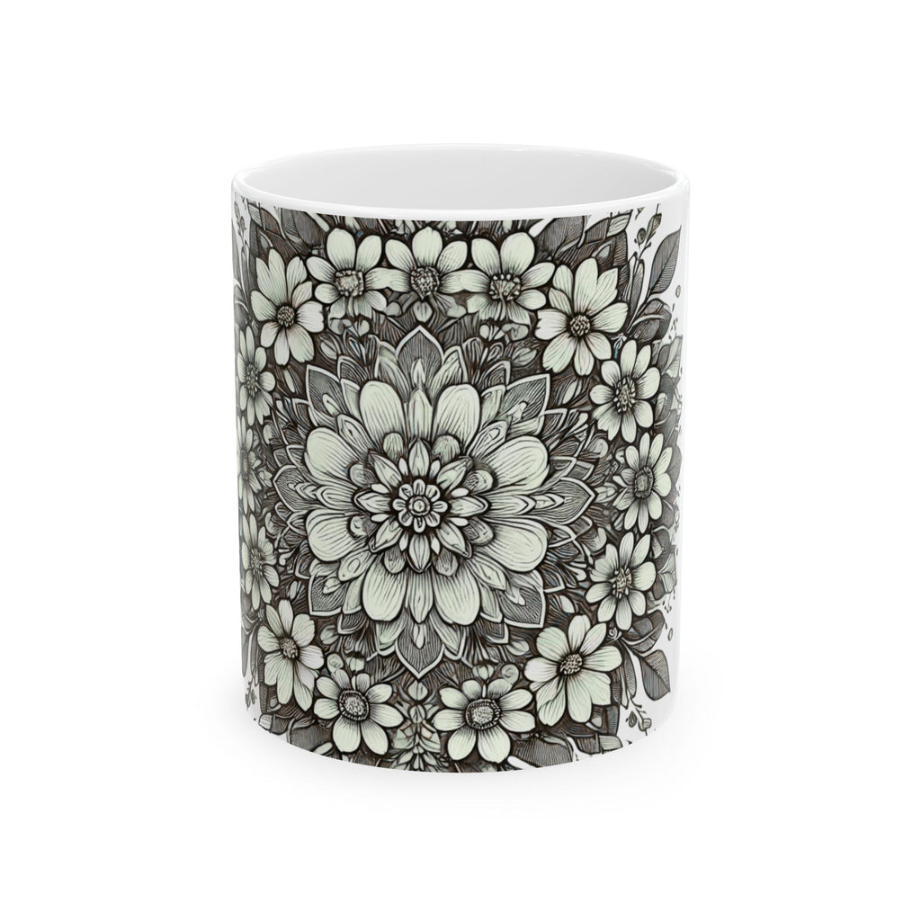 Floral Mandala Ceramic Mug — Green Succulent Pattern (11oz & 15oz)