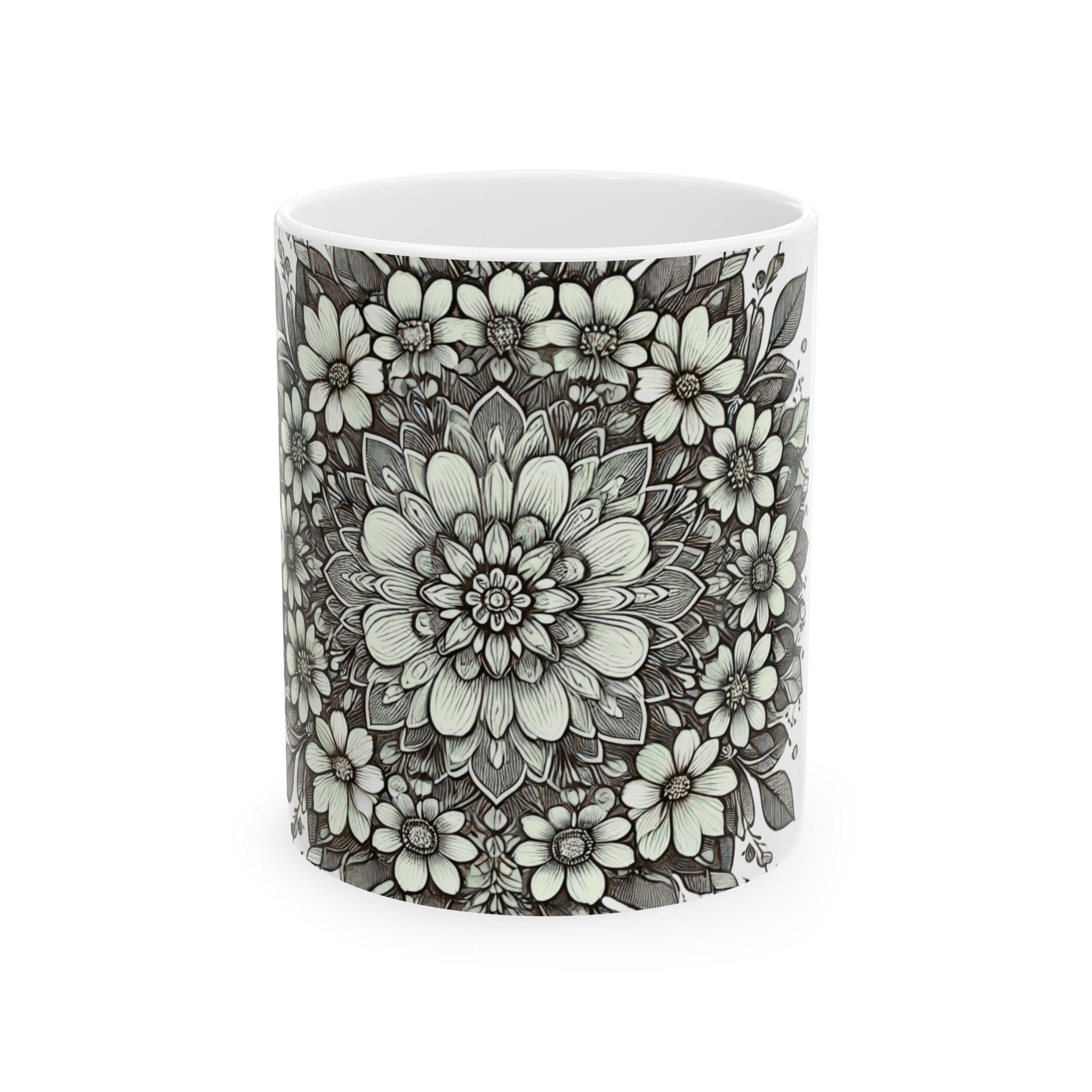 Floral Mandala Ceramic Mug — Green Succulent Pattern (11oz & 15oz)